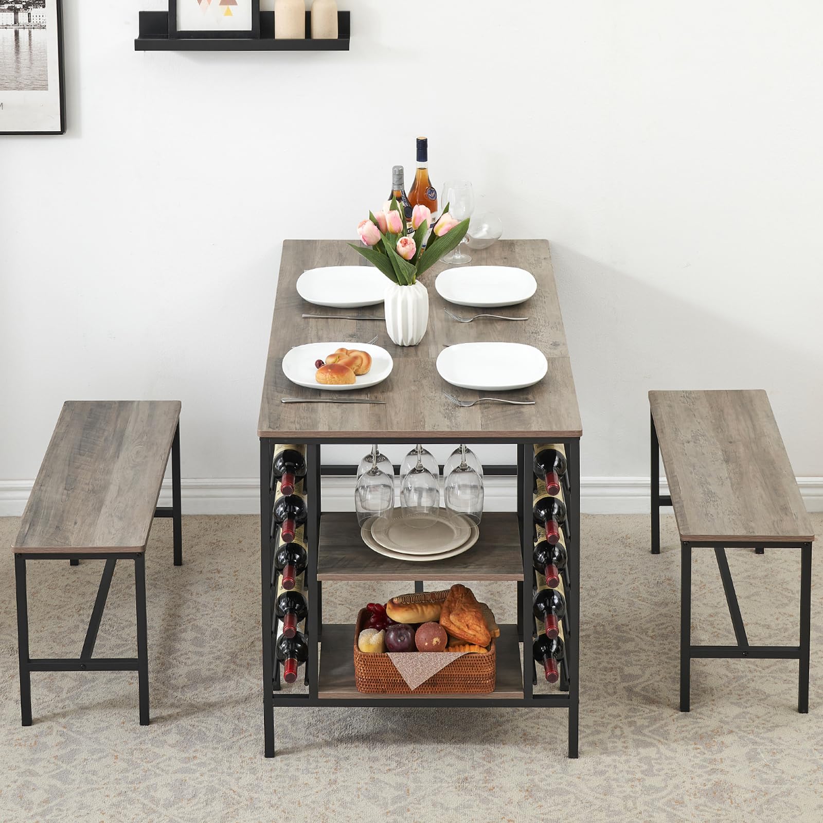 Ensemble de salle à manger Garvee pour 4 personnes avec casier à vin et rangement, métal et bois, gain de place, robuste, 2 bancs, idéal pour les petits espaces