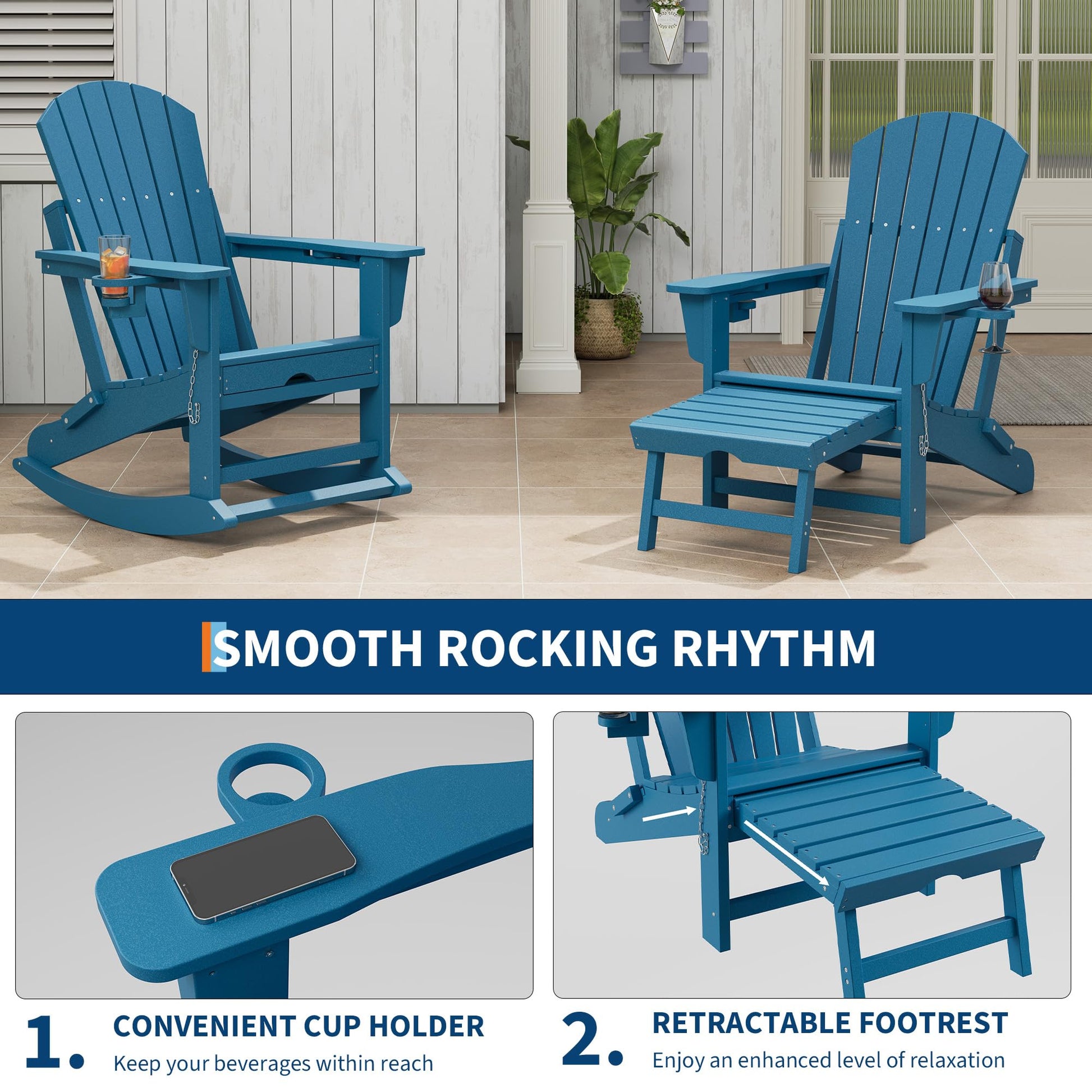 Garvee Fauteuil Adirondack à bascule pliant 4 en 1 avec repose-pieds rétractable et porte-gobelet, HDPE résistant, base amovible, pour patio et jardin, noir