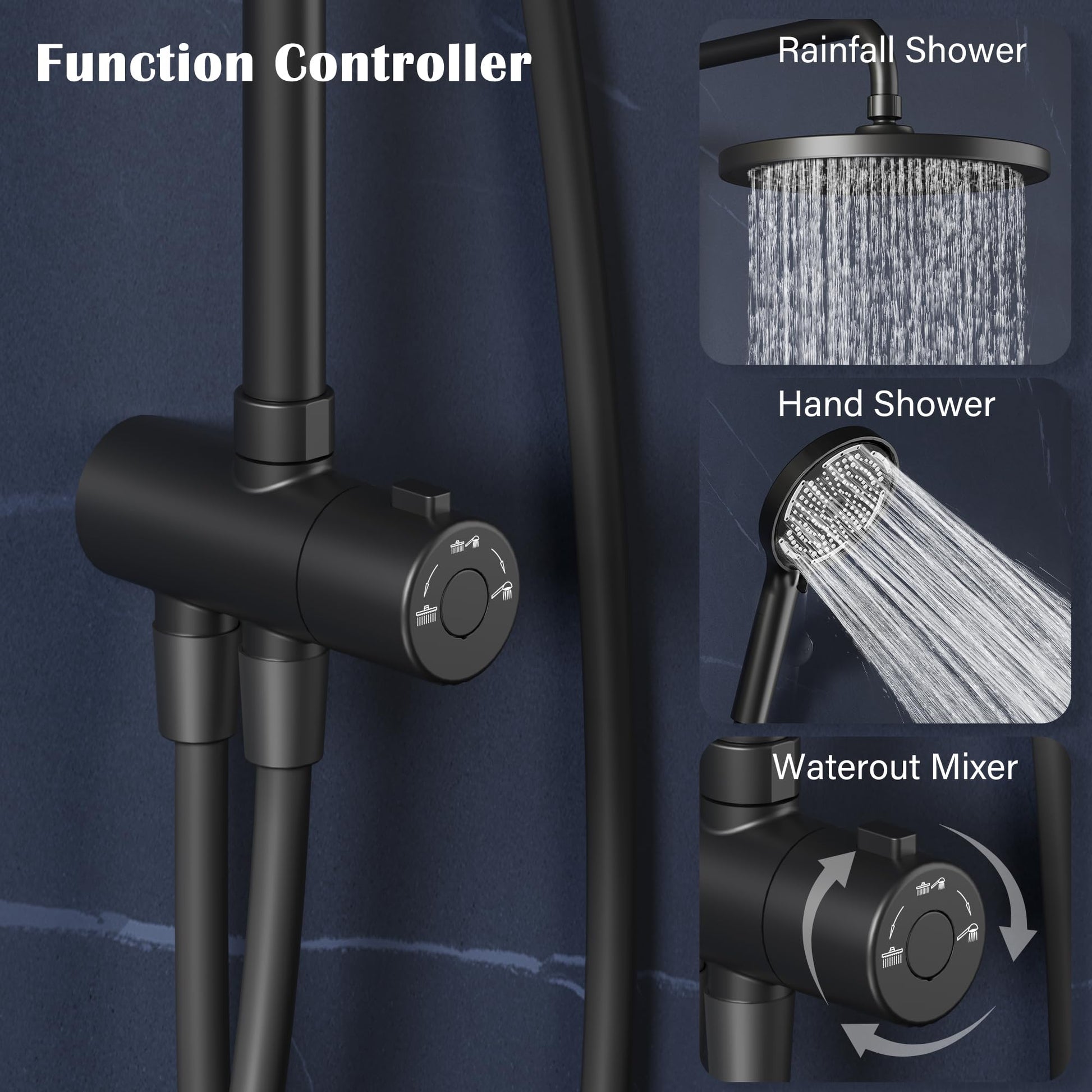 Colonne de douche GARVEE Rain Shower sans accessoires – Colonne de douche ronde en acier inoxydable noir 25 cm