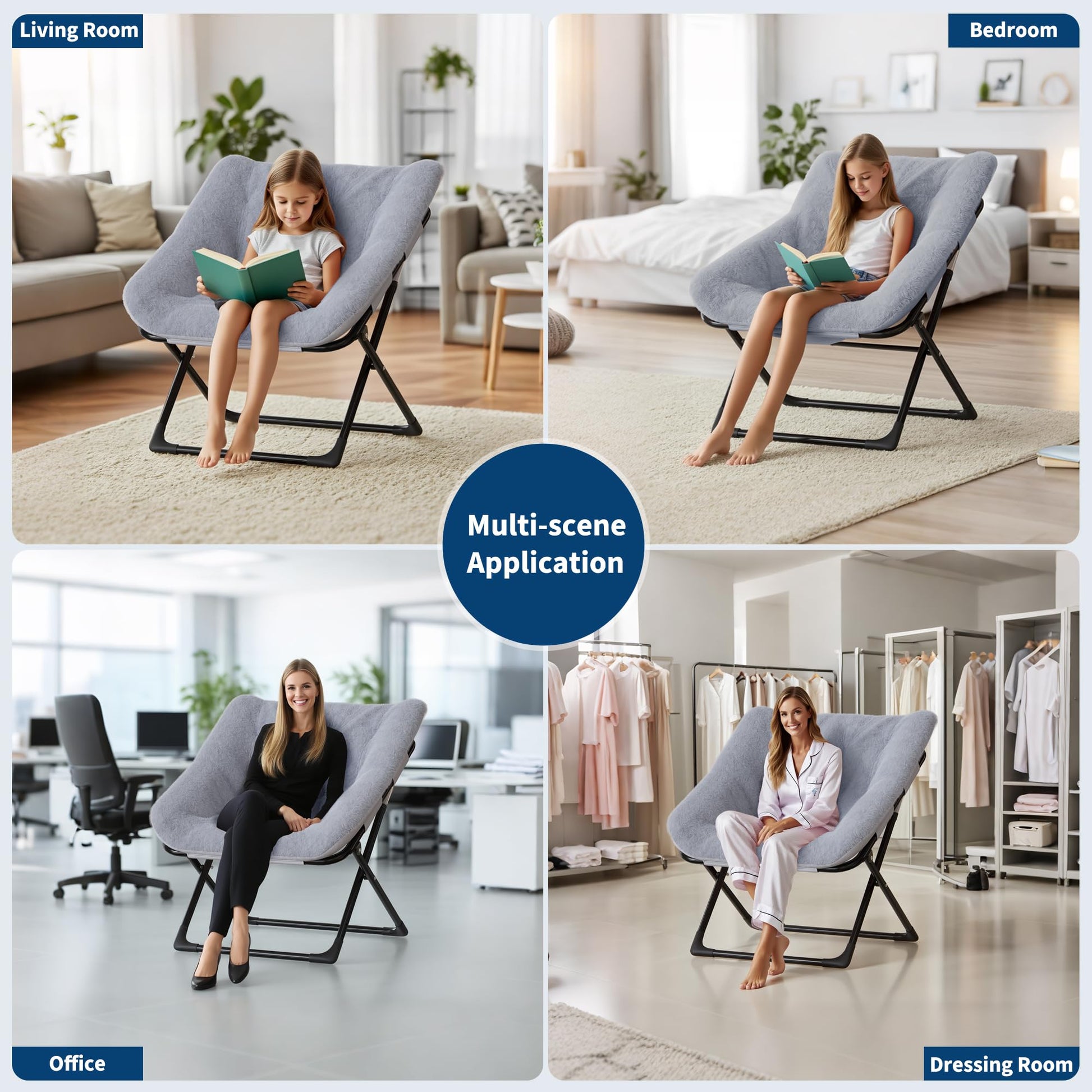 Fauteuil lounge Garvee Comfy Chair extra large avec structure en métal, revêtement en fausse fourrure ultra-douce, pliable, base antidérapante, gris pour salon et chambre