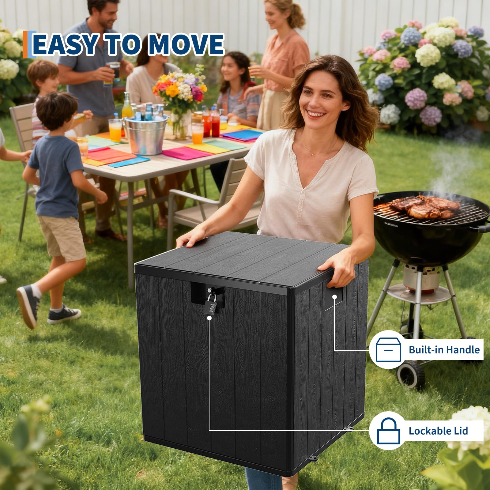 Coffre de rangement extérieur Garvee 28 gallons avec couvercle, résistant aux intempéries et verrouillable, pour jardin et terrasse, 50 x 51 x 50 cm, aspect osier