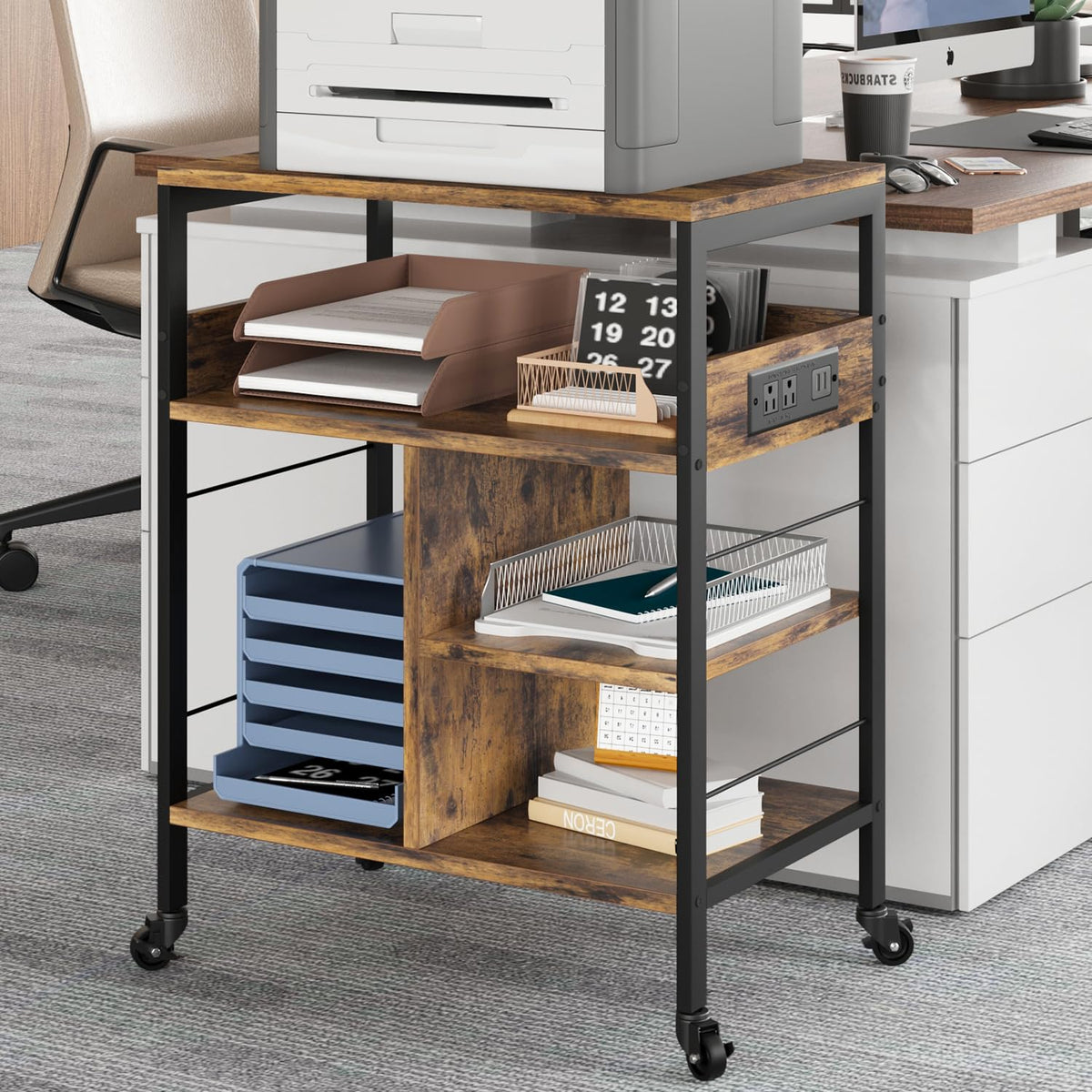 Garvee Grand meuble imprimante mobile à roulettes avec étagères, prises et ports USB, structure bois effet vintage, rangement pratique pour bureau à domicile