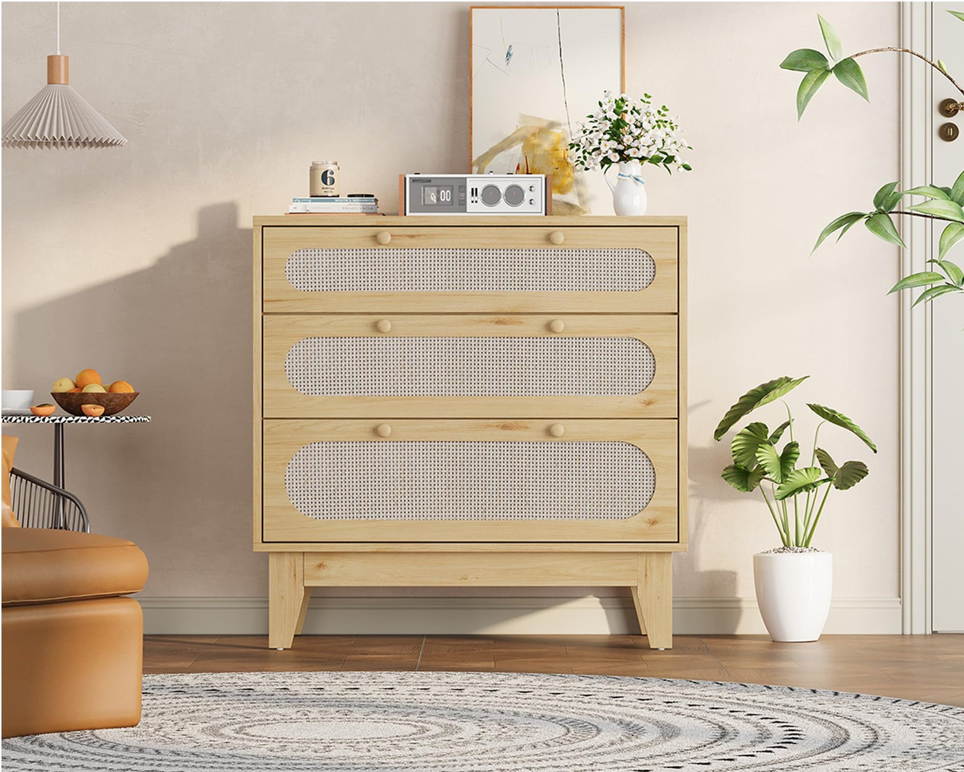 Commode Garvee à 3 tiroirs, bois et rotin, design moderne, salon et chambre, chêne clair, robuste et polyvalente