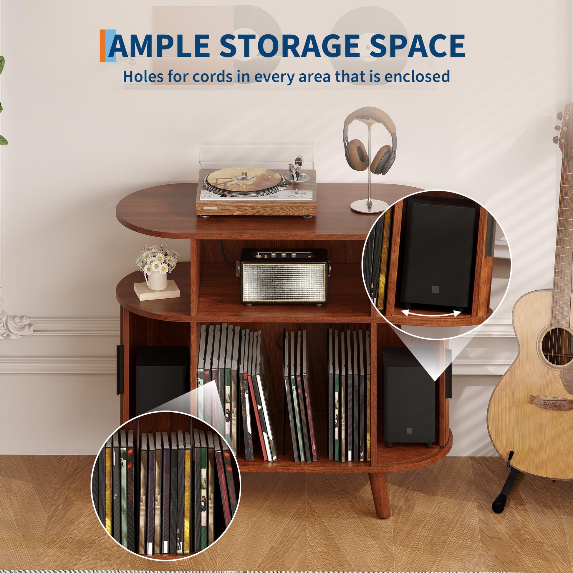 Garvee Meuble pour platine vinyle 89 cm avec station de charge, rangement pour 300 disques, design ondulé moderne, finition noyer