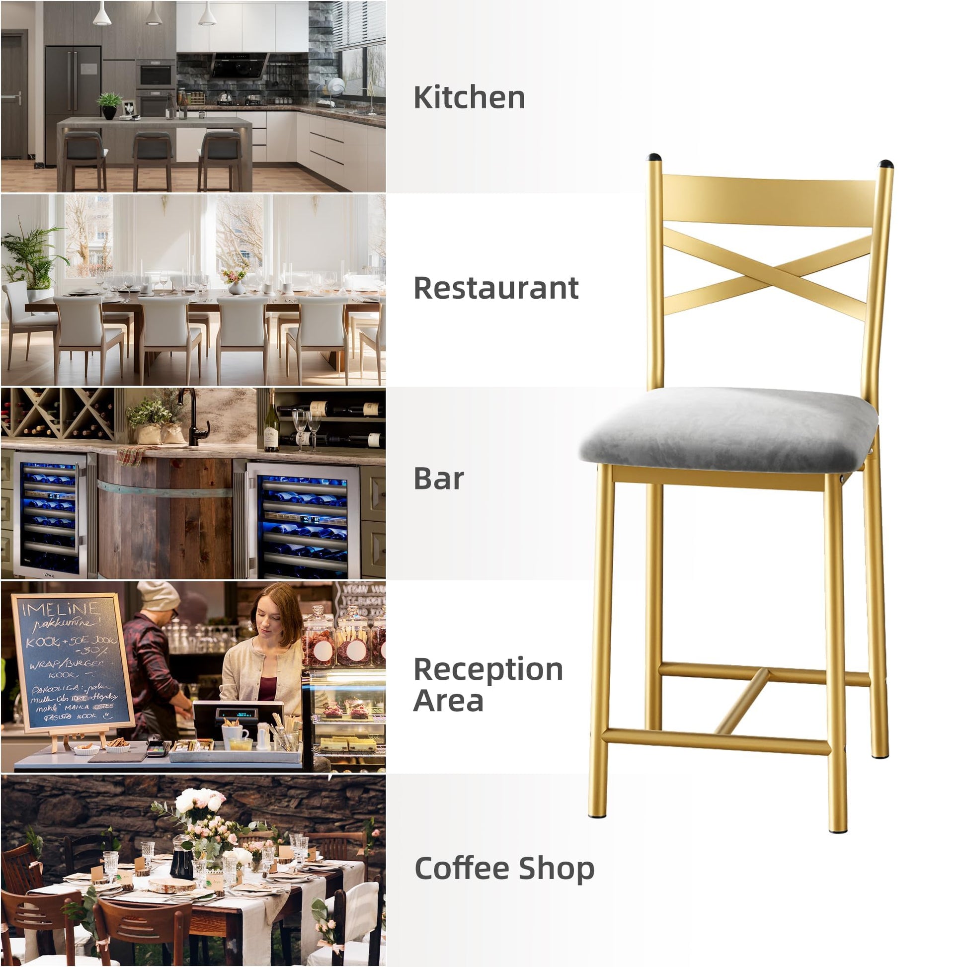 Ensemble de 2 tabourets de bar Garvee 66 cm (26 po) en métal avec dossier en X et coussins en cuir PU épais imperméable doré, pour salle à manger ou restaurant.