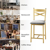 Ensemble de 2 tabourets de bar Garvee 66 cm (26 po) en métal avec dossier en X et coussins en cuir PU épais imperméable doré, pour salle à manger ou restaurant.
