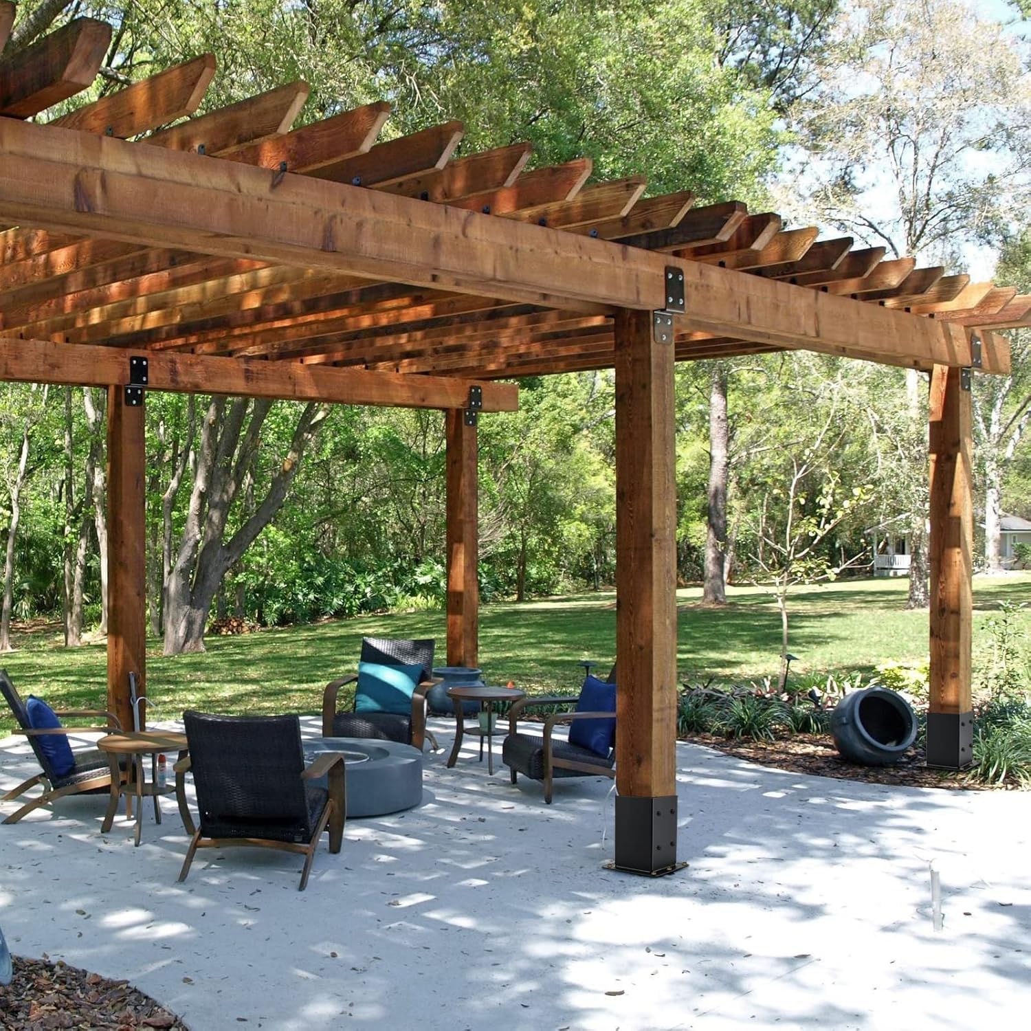 Garvee, ensemble de 4 supports de poteaux en acier de 2 mm pour poteaux en bois 4x4, renfort sur les quatre côtés, revêtement en poudre noir, ensemble complet pour patios et clôtures