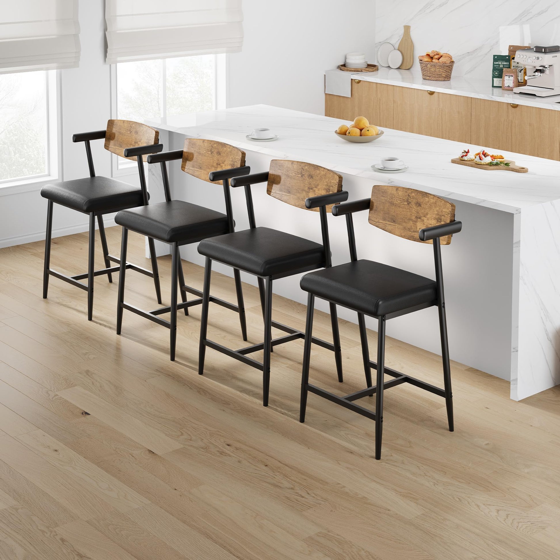 Garvee Tabourets de bar vintage avec dossier et accoudoirs, assise rembourrée, structure métallique robuste, pour cuisine, îlot central et bar