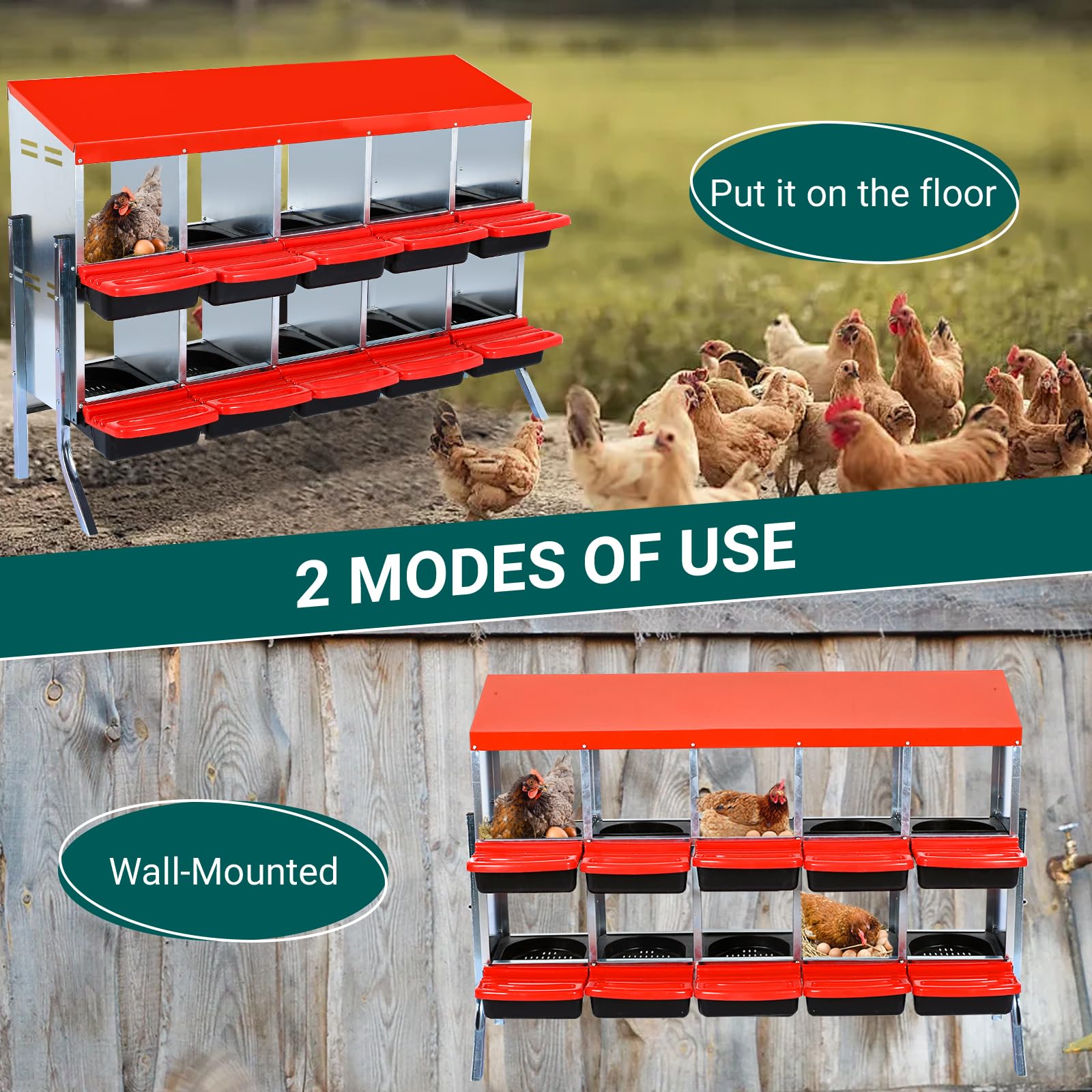 Garvee Pondoir pour Poules 10 Compartiments avec Support Métallique, Acier Galvanisé 0,7 mm, Couvercle Émaillé et Bacs en Plastique Antirouille, Montage Facile, Rouge