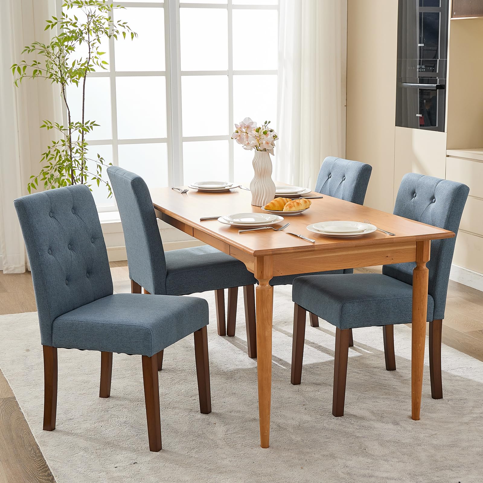 Chaises de salle à manger Garvee Parsons, lot de 2, rembourrées, ergonomiques, en lin, en bois d'hévéa, bleues, pour la cuisine et le salon
