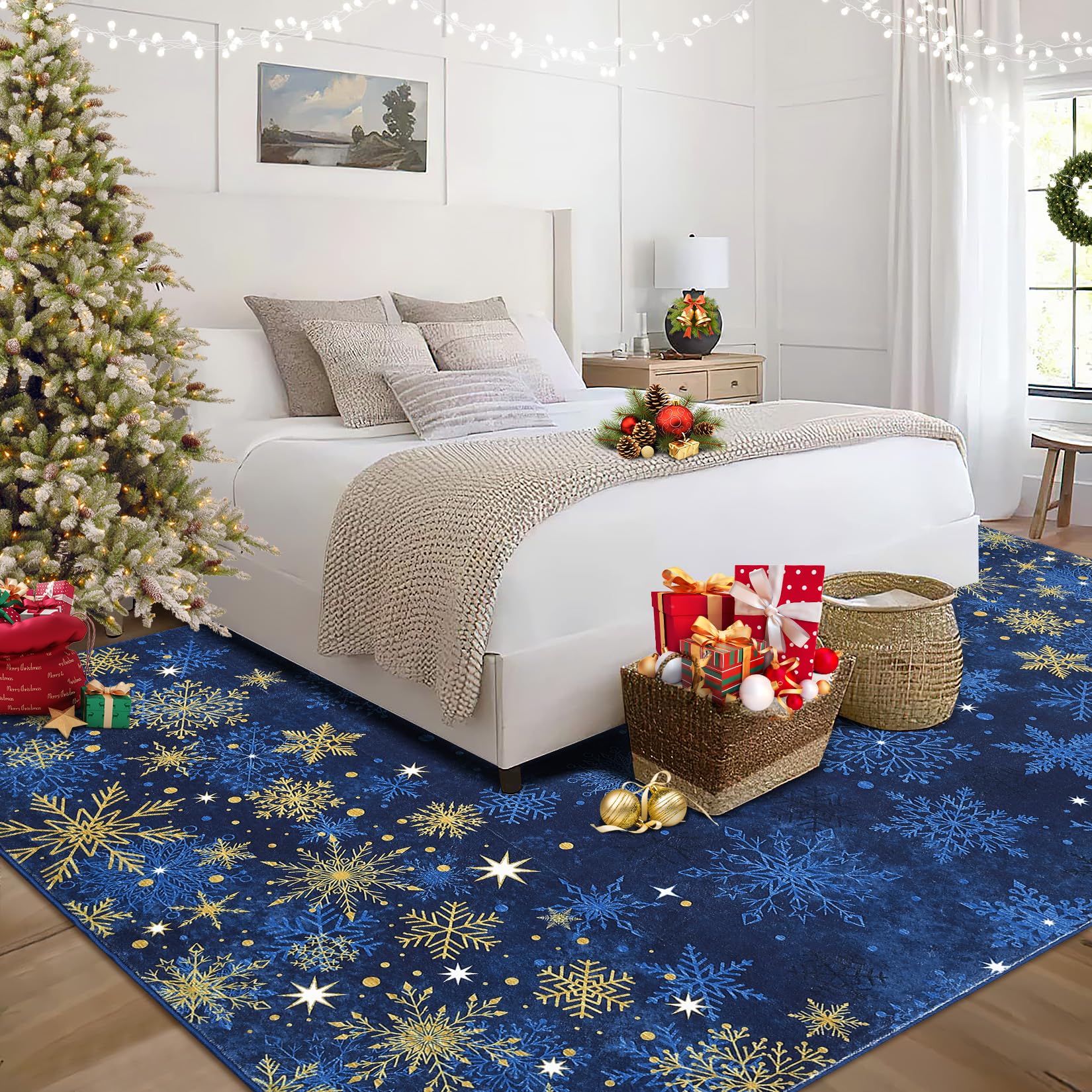 Tapis de salon Garvee, grand format, décoration de Noël, 200 x 290 cm, bleu, doux, à poils courts, antidérapant