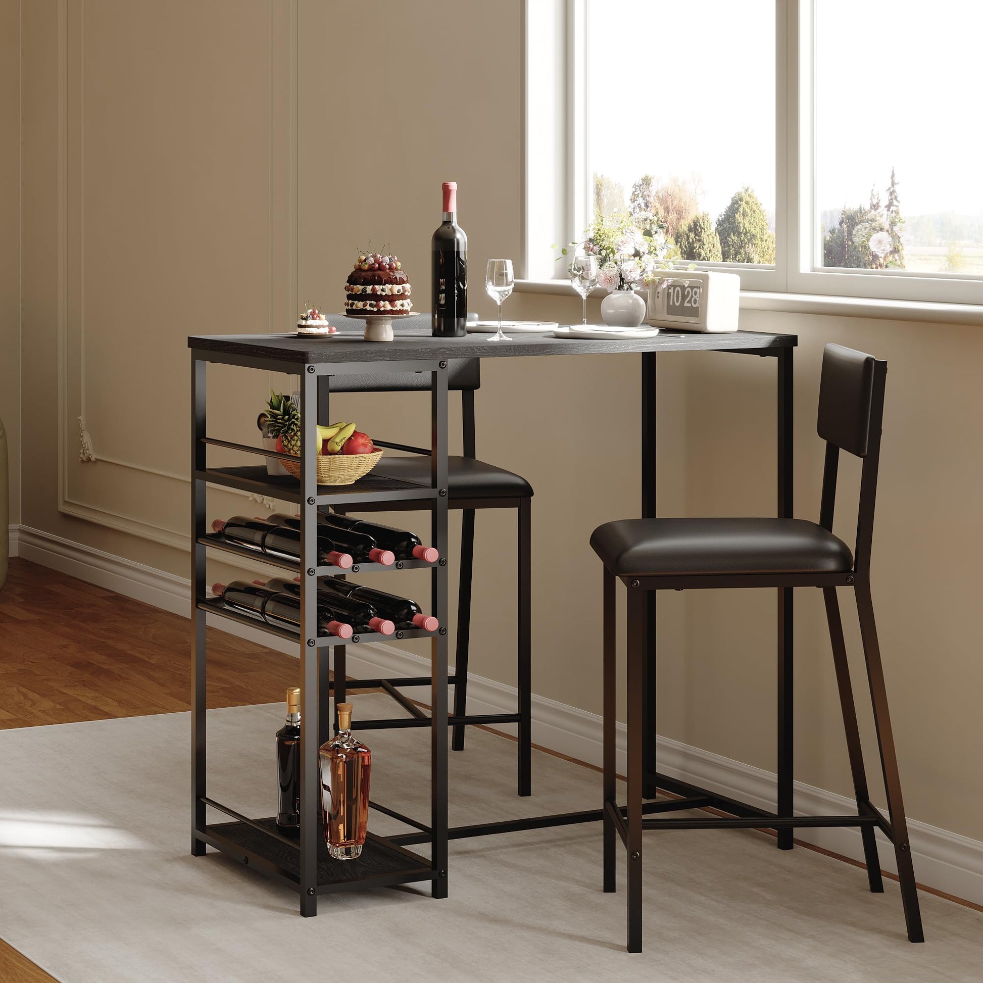 Table de salle à manger Garvee pour 2 personnes avec 4 étagères et casier à vin, banquette rembourrée, structure en acier, bois rustique, gain de place, idéale pour les petites cuisines et les studios.