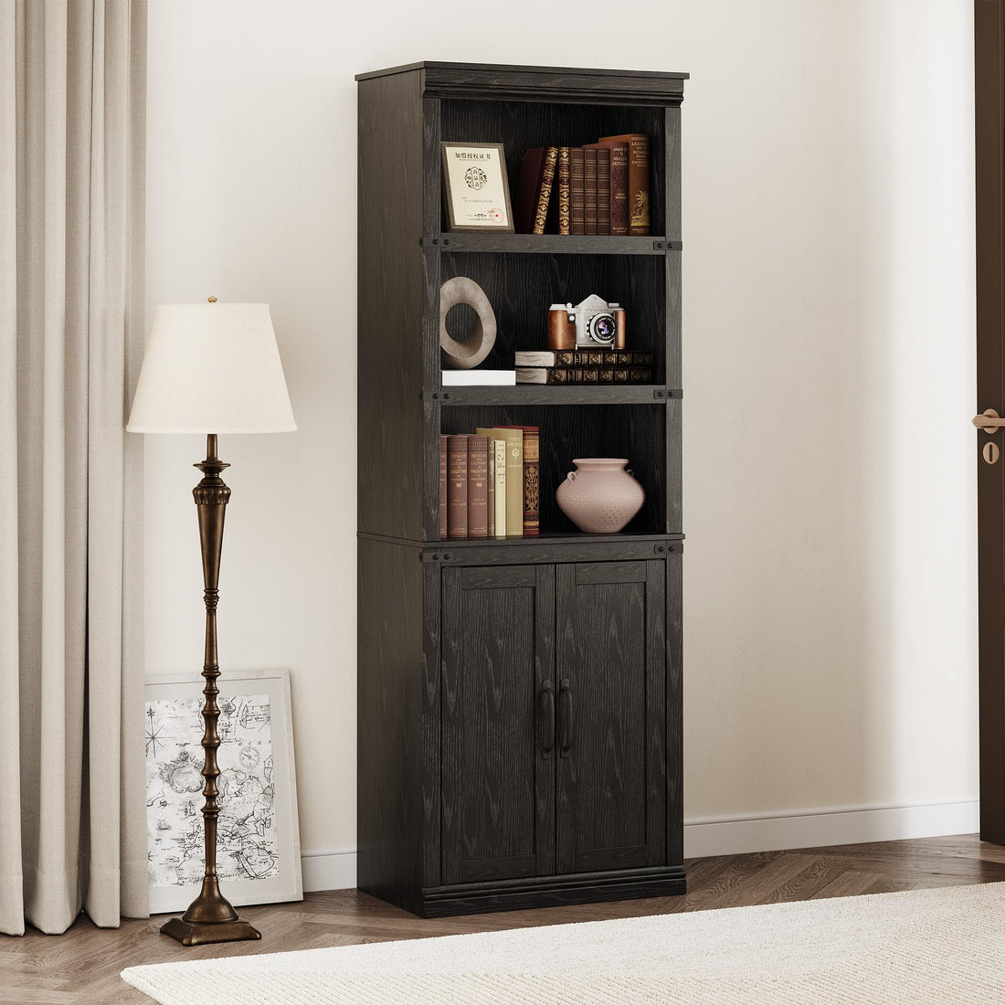 Bibliothèque de style ferme Garvee avec portes, 5 niveaux, grand espace de rangement, bois MDF, salon, bureau, 30,5 cm (P) x 62 cm (L) x 175 cm (H)