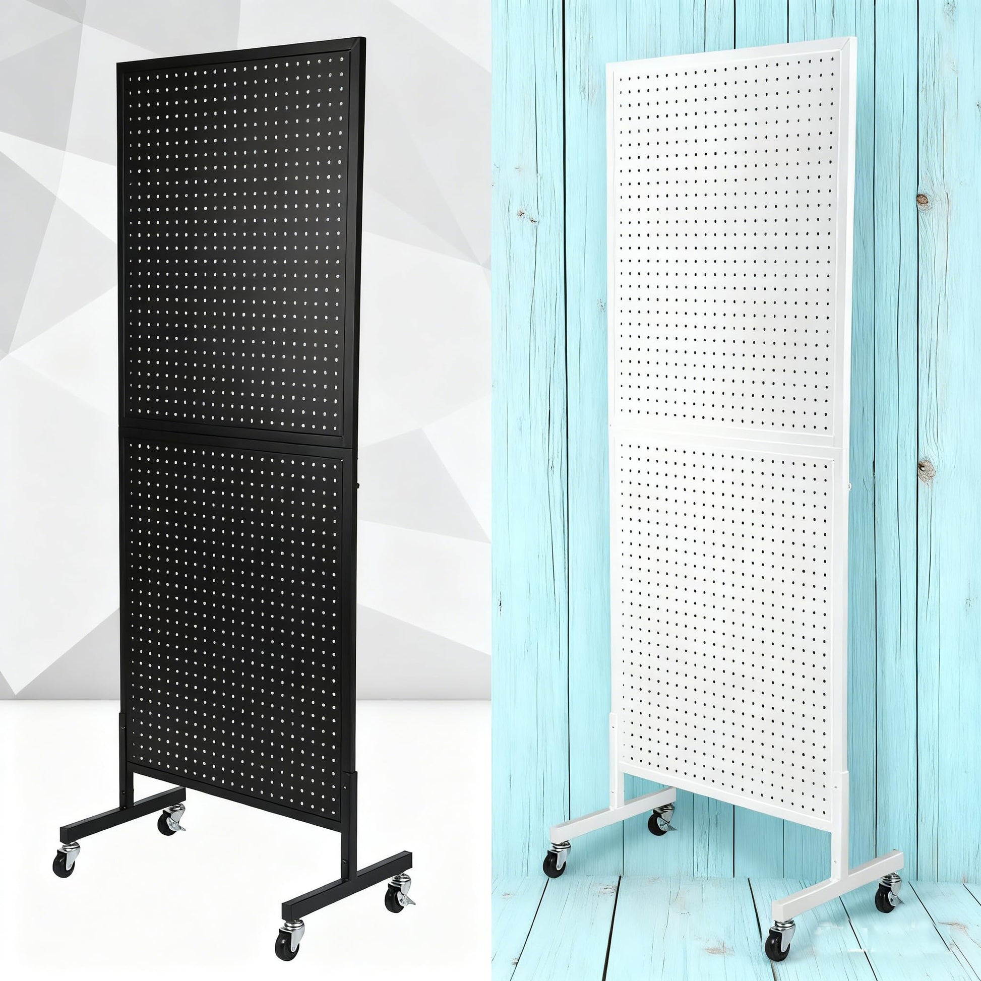 GARVEE Présentoir mobile à panneau perforé 61 × 152 cm, base en T avec roulettes, structure en fer robuste, double face avec crochets inclus, idéal pour magasin, stand et salon professionnel