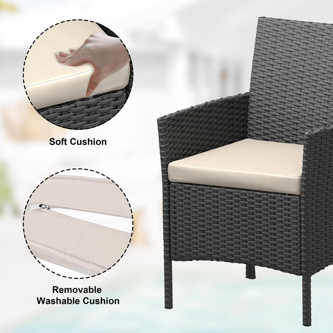 Garvee Ensemble de mobilier de jardin, 3 pièces, rotin PE, balcon/jardin, noir/beige, tous temps, ergonomique