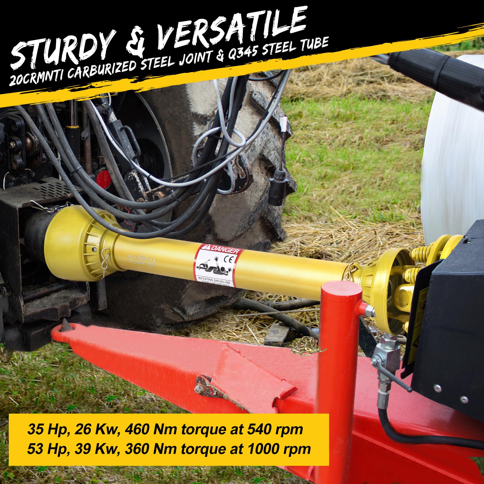 Arbre de transmission de prise de force Garvee 1-3/8 po avec embrayage à friction, 6 extrémités cannelées, réglable de 31,5 à 41 po, en acier, avec protection pour tracteur et tondeuse