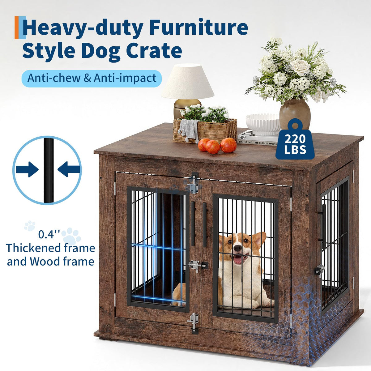 Garvee Cage pour chien style farmhouse taille moyenne, meuble d’appoint en bois robuste avec doubles portes, niche intérieure anti-mordillage pour petit/moyen chien, salon