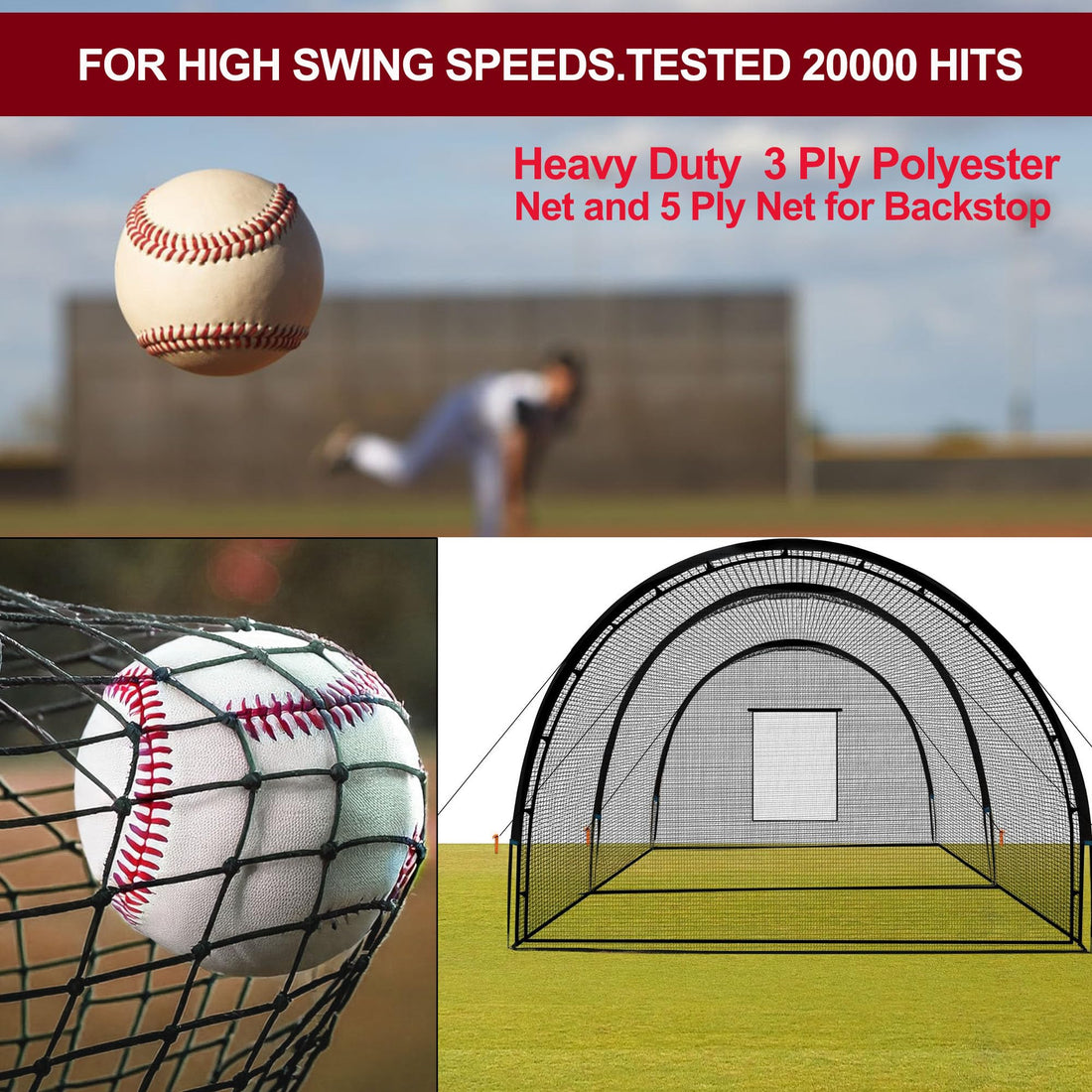 Garvee Cage de frappe de baseball de 10m avec cadre, en polyester et poteaux en fibre de verre, 10×3,7×2,4m, noir