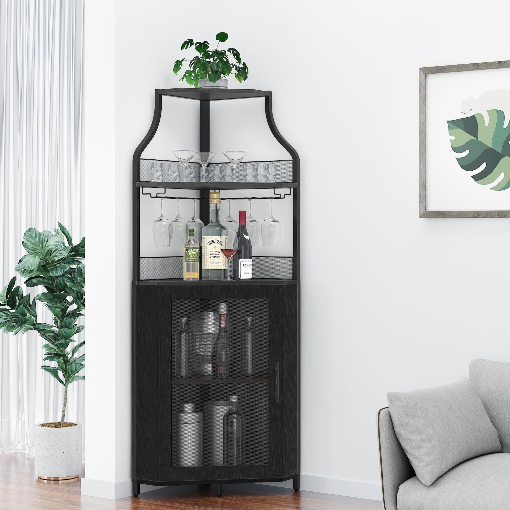Meuble bar d'angle Garvee, 5 niveaux avec porte-verres, étagères réglables, structure en métal, MDF, porte coulissante de style grange, noir, pour salon et cuisine, 47 x 45 x 154 cm