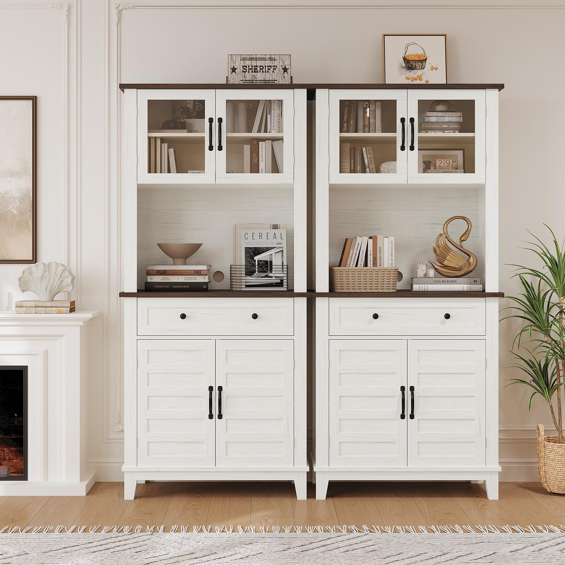 Armoire de cuisine Garvee de 183 cm de haut avec compartiment micro-ondes, espace de rangement, bois, tiroirs, portes vitrées, blanc, salle à manger