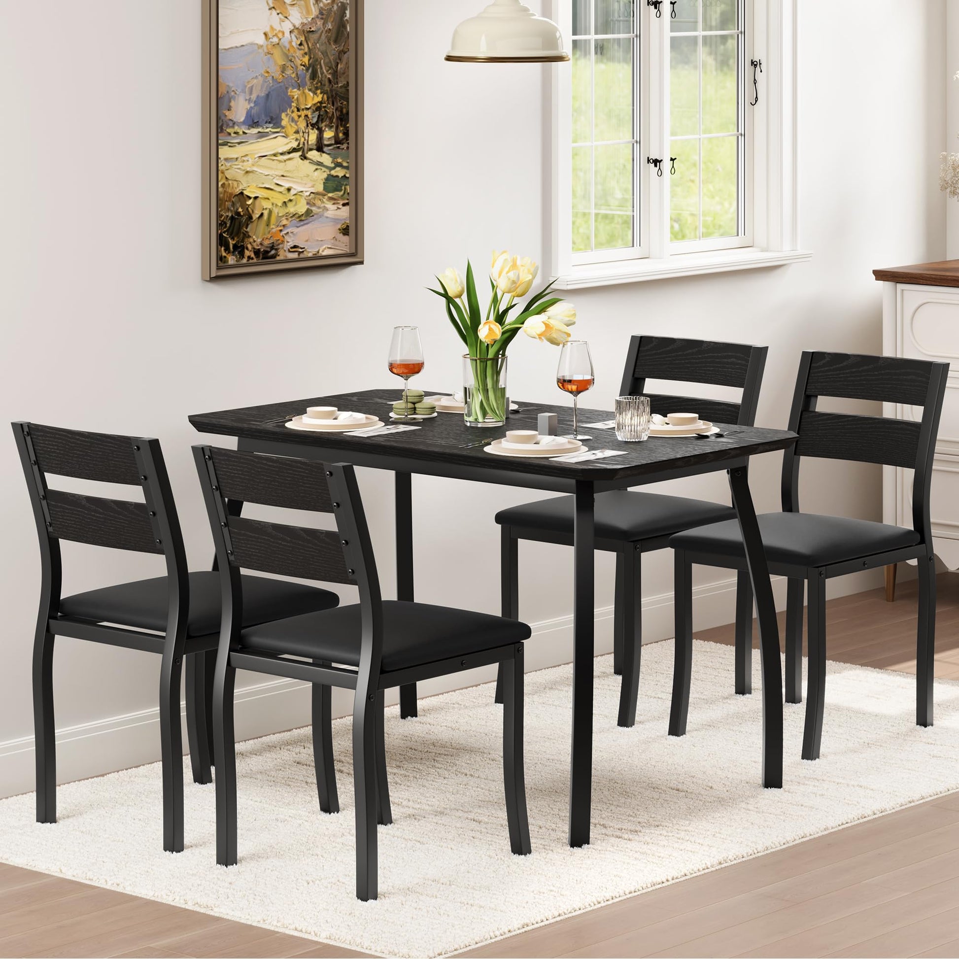 Ensemble table et chaises Garvee pour 4 personnes, structure en métal, design carré, gain de place, noir, idéal pour les petites pièces et les studios.