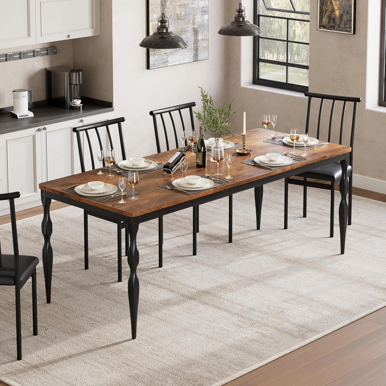 Table de salle à manger Garvee style ferme 180 cm, rectangulaire, robuste, en bois avec pieds en métal, pour la cuisine et la salle à manger, 6 à 8 couverts, résistante aux rayures, stable, en bois naturel