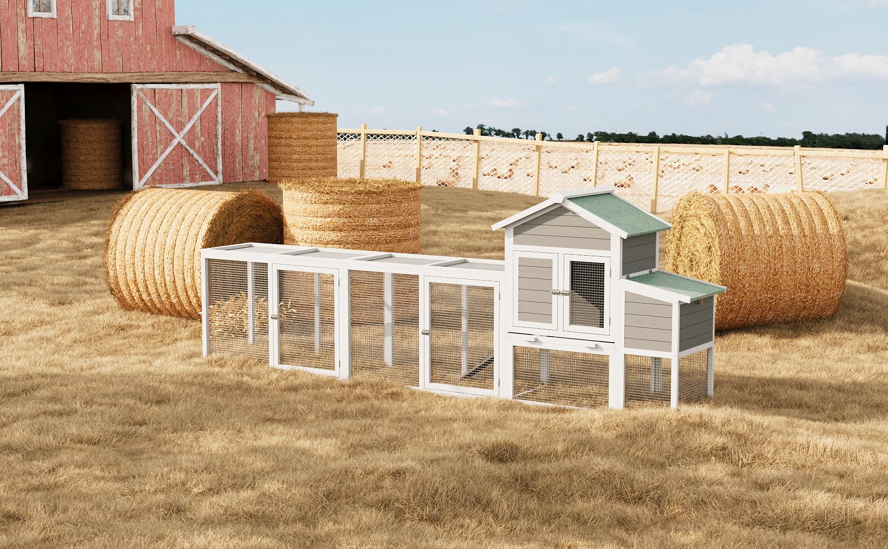 Poulailler Garvee grand format 310×66×113 cm – Bois d'épicéa avec toit en asphalte, volière, nichoir et plateau coulissant pour poules, canards et lapins