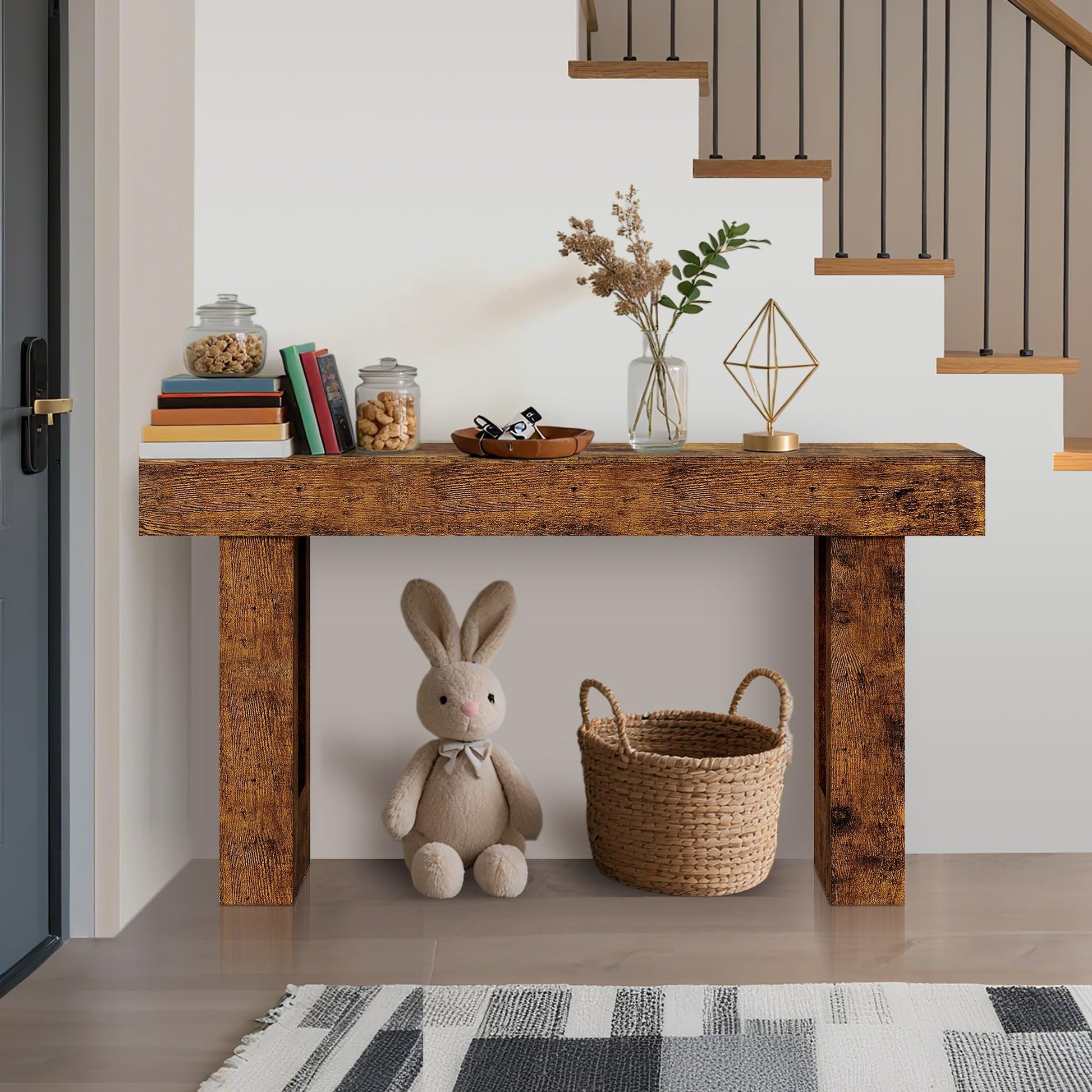 Garvee Console farmhouse 160 cm marron rustique, design minimaliste en T avec étagères ouvertes, idéale pour entrée, salon et rangement décoratif