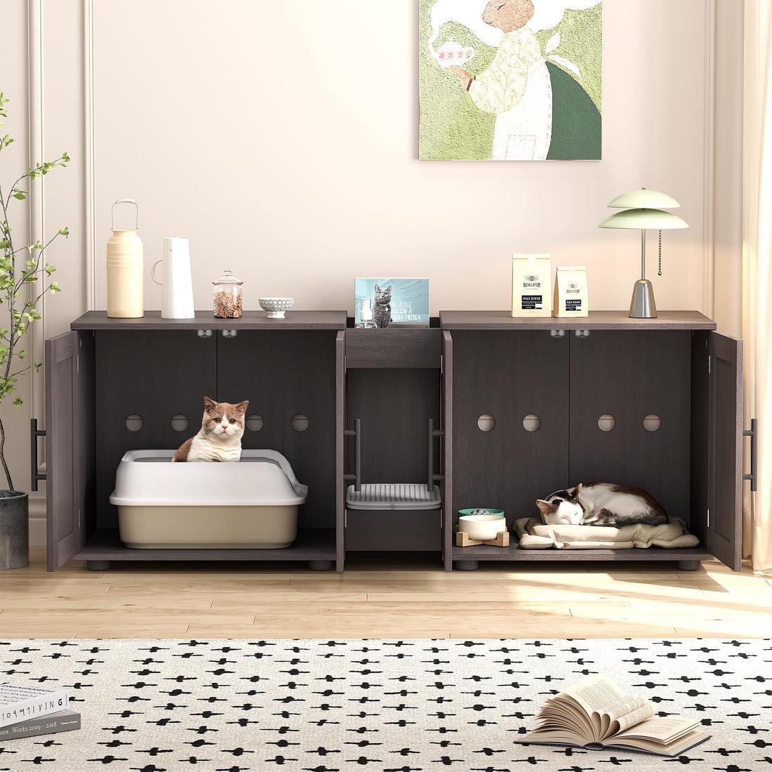 Garvee Meuble cache-litière 3-en-1 à double compartiment avec portes de grange, maison pour chat, coloris noyer