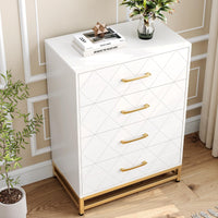 Commode Garvee pour chambre à coucher, 4 tiroirs, style moderne, poignées en métal, structure en MDF, blanche, robuste, grand espace de rangement, idéale pour le bureau ou le salon.