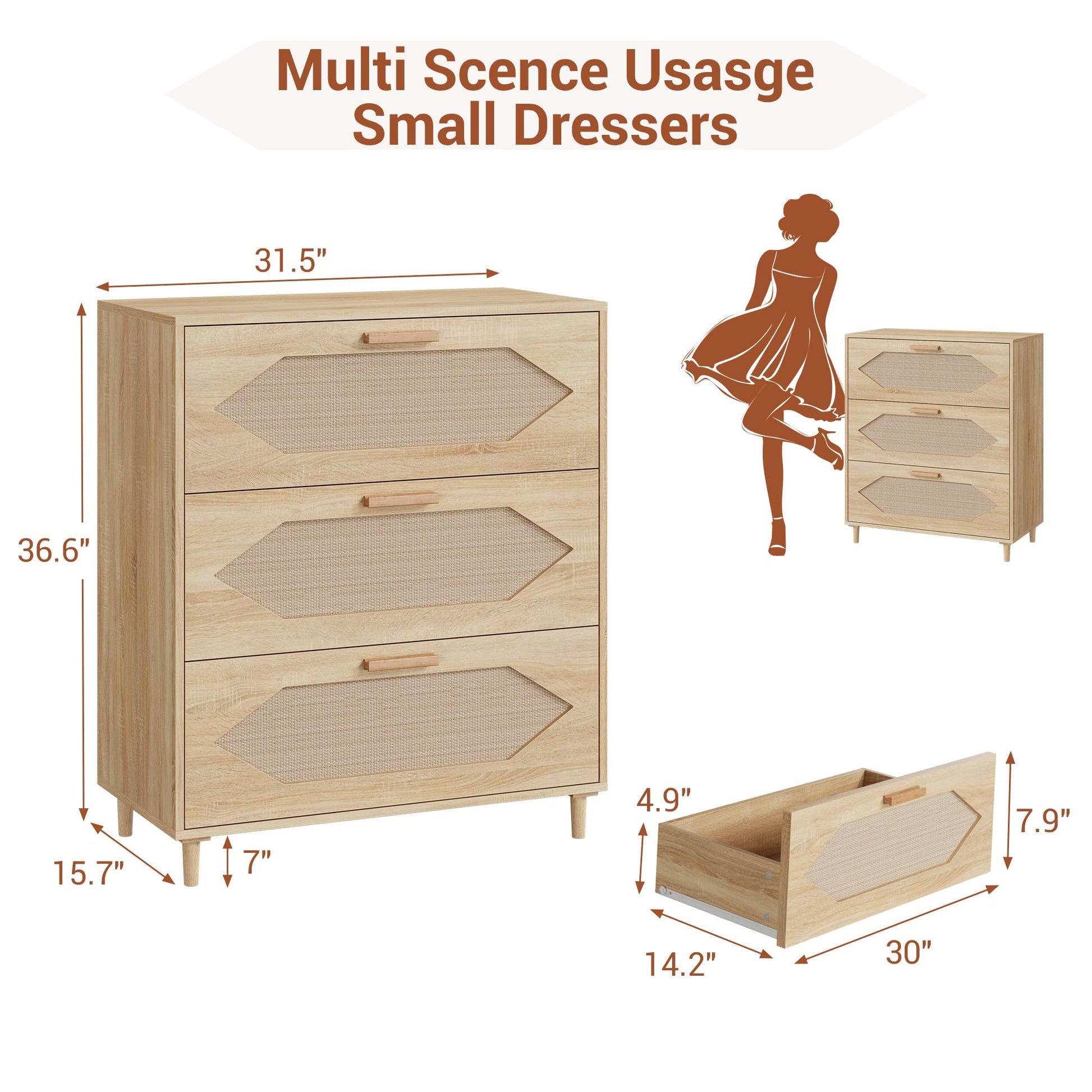 Commode 3 tiroirs Garvee en rotin, idéale pour la chambre, le salon et l'entrée. Grande capacité de rangement, imperméable, en MDF. Style moderne, marron.