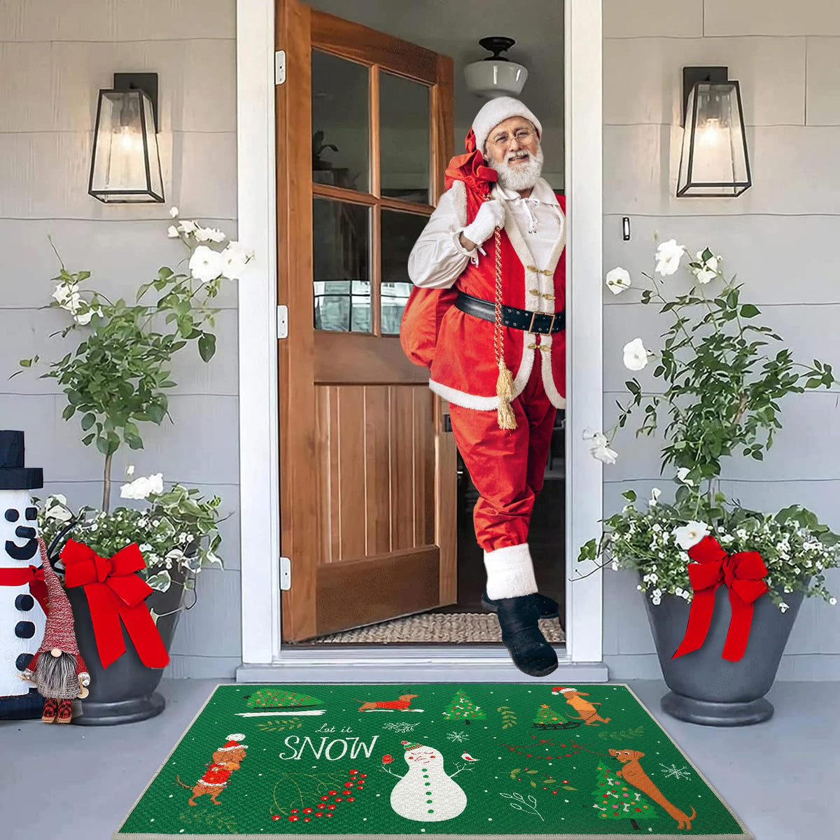 Garvee Paillasson de Noël antidérapant, aspect lin, tapis de bienvenue pour l'extérieur, 40 x 60 cm, vert