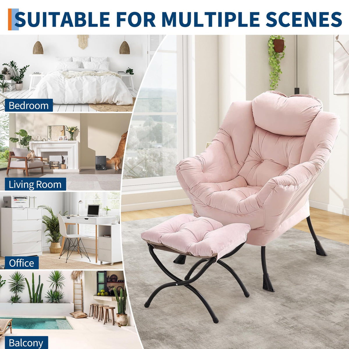 Fauteuil relax Garvee avec repose-pieds, rose, ergonomique et stable, pour salon et bureau, en peluche, pliable