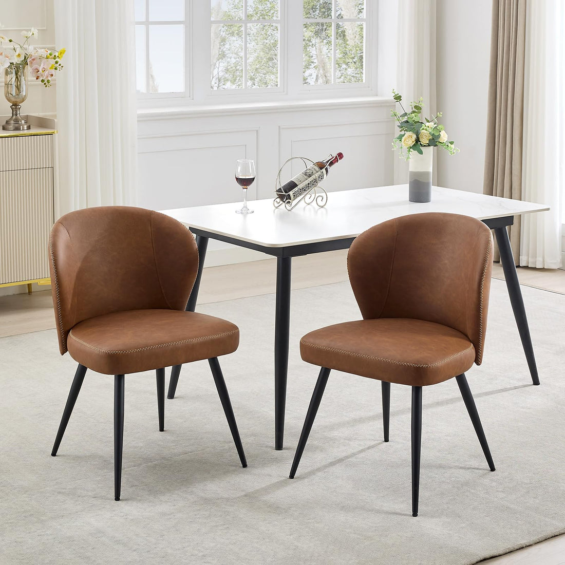 Ensemble de 2 chaises de salle à manger Garvee, rembourrées, avec pieds en acier et dossier haut en cuir, pour la cuisine et la salle à manger, 59 cm (23,2 pouces), marron