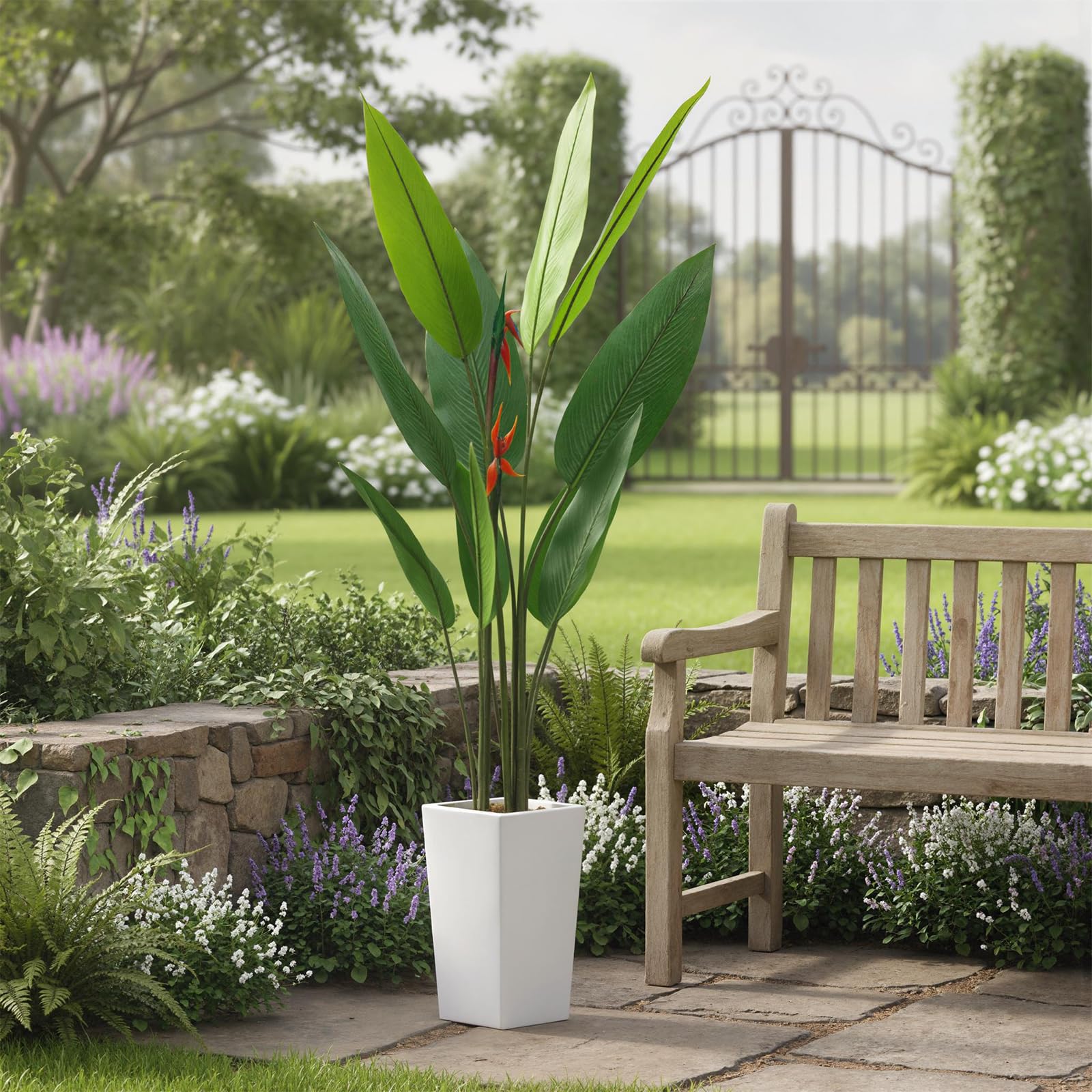 Plante artificielle Oiseau de Paradis Garvee de 1,75 m avec pot blanc pour salon et bureau, bananier tropical réaliste, durable et facile d'entretien.