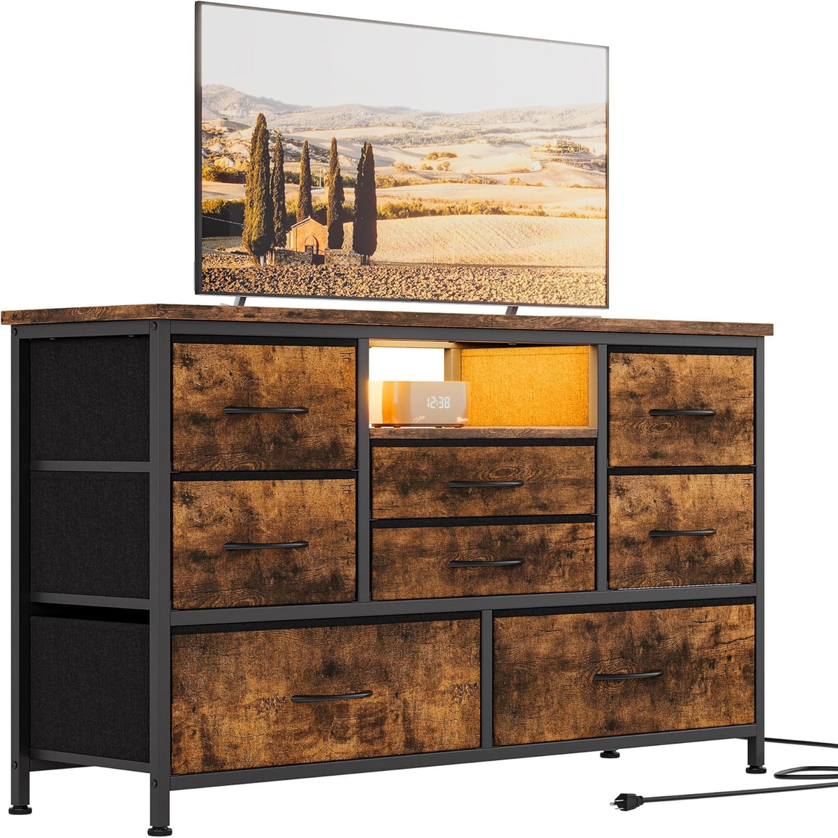 Garvee commode à 8 tiroirs, avec prise et éclairage LED, meuble multifonctionnel pour la chambre et le salon, buffet robuste et durable, 120 × 36 × 75 cm