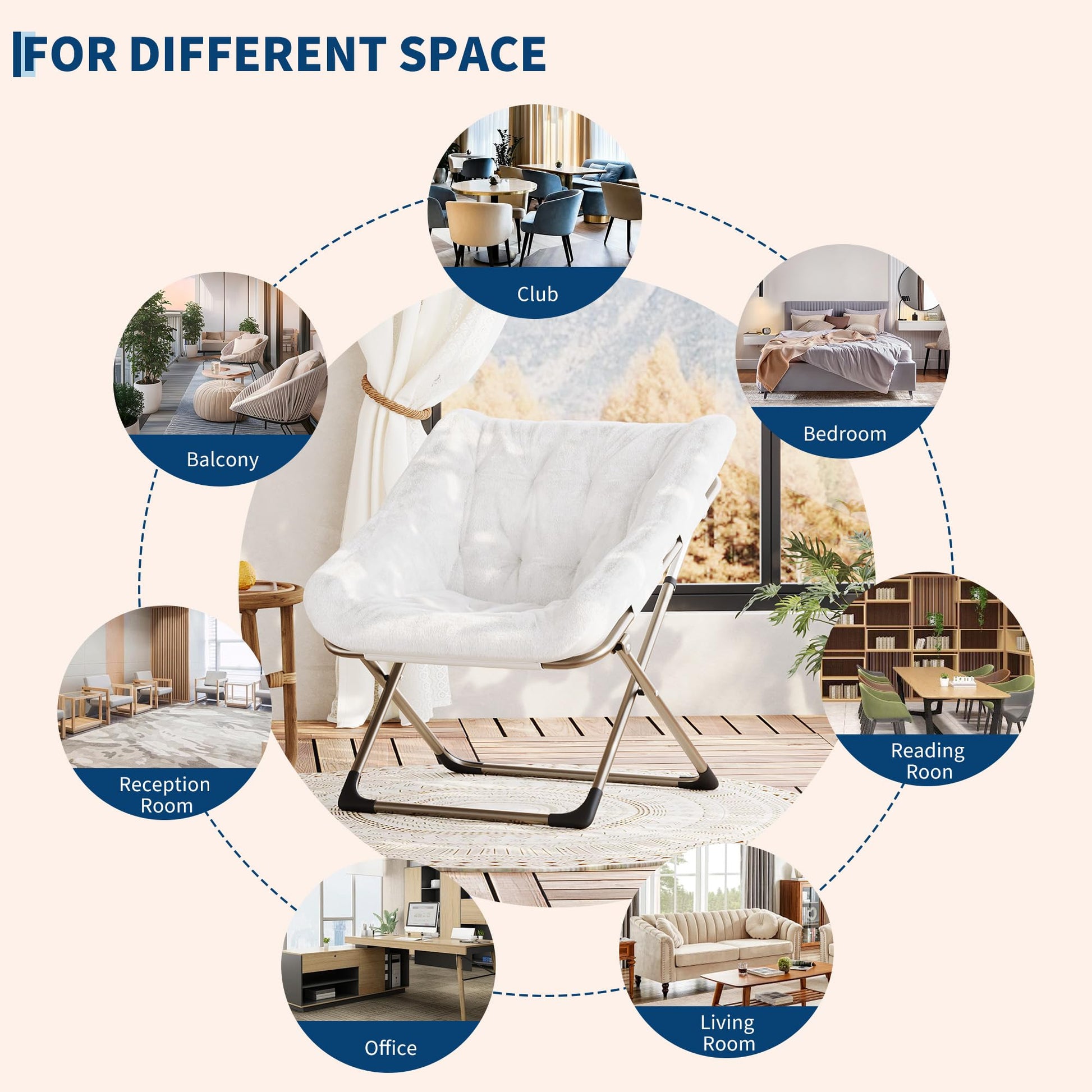 Garvee Fauteuil saucer pliable adulte avec coussin en fausse fourrure, dossier haut, structure en acier, compact et confortable pour appartement et chambre universitaire