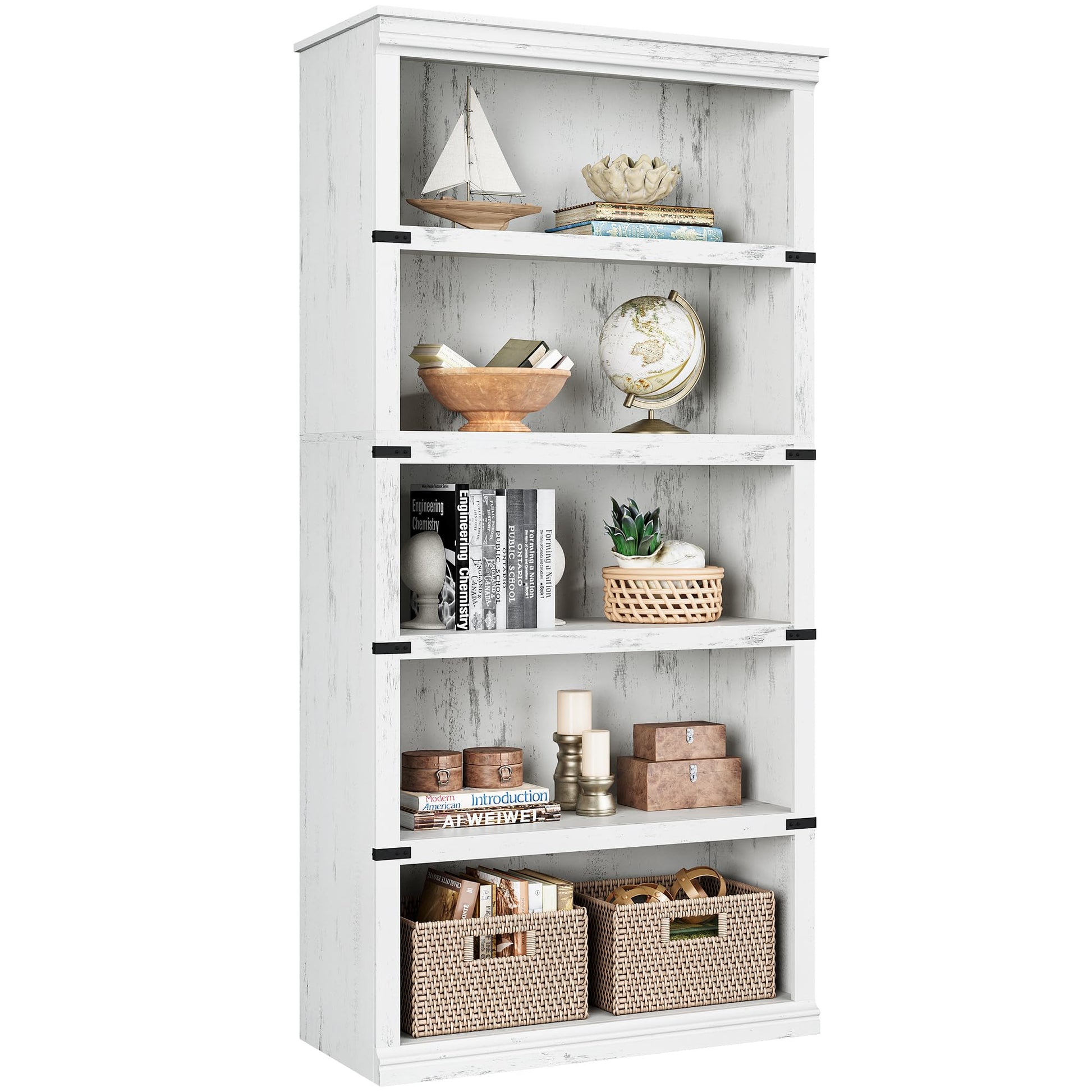 Garvee bibliothèque haute 80 × 32 × 171 cm, 5 niveaux ouverts, finition blanche, style campagne