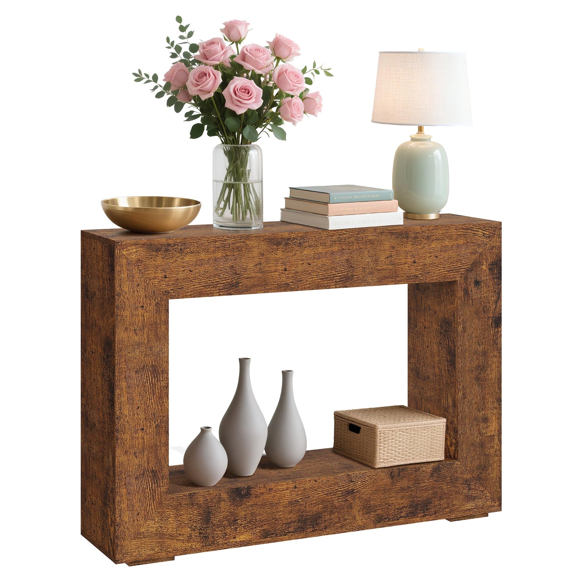 Console Garvee style ferme, 119 cm (47 pouces), style rustique vintage, étagères ouvertes, bois haute densité résistant aux rayures, idéale pour un couloir ou un salon, couleur marron.