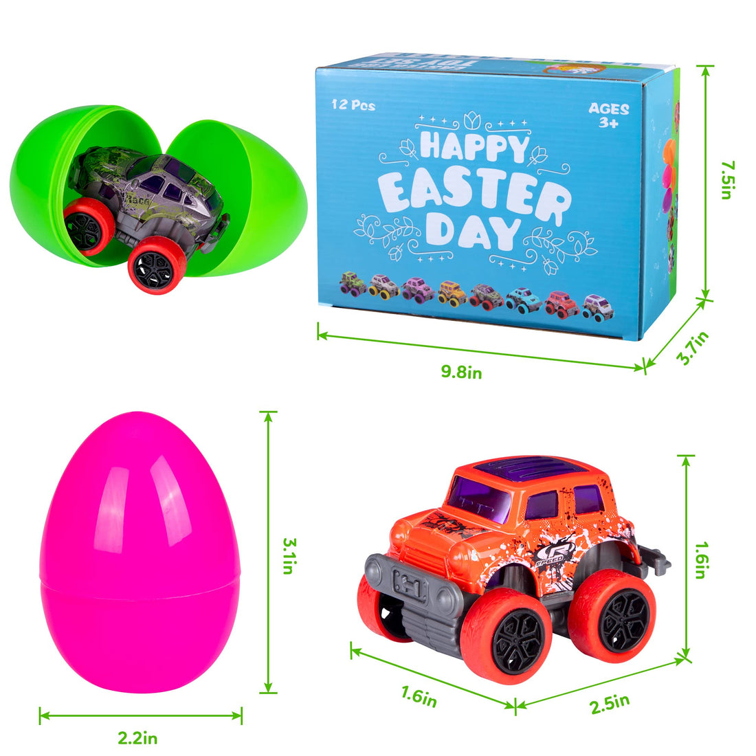 Garvee - Lot de 12 œufs de Pâques avec camions monstres à rétrofriction, motifs graffiti colorés, 7,9 cm x 5,3 cm, multicolores, idéal pour la chasse aux œufs de Pâques et les fêtes d'enfants.