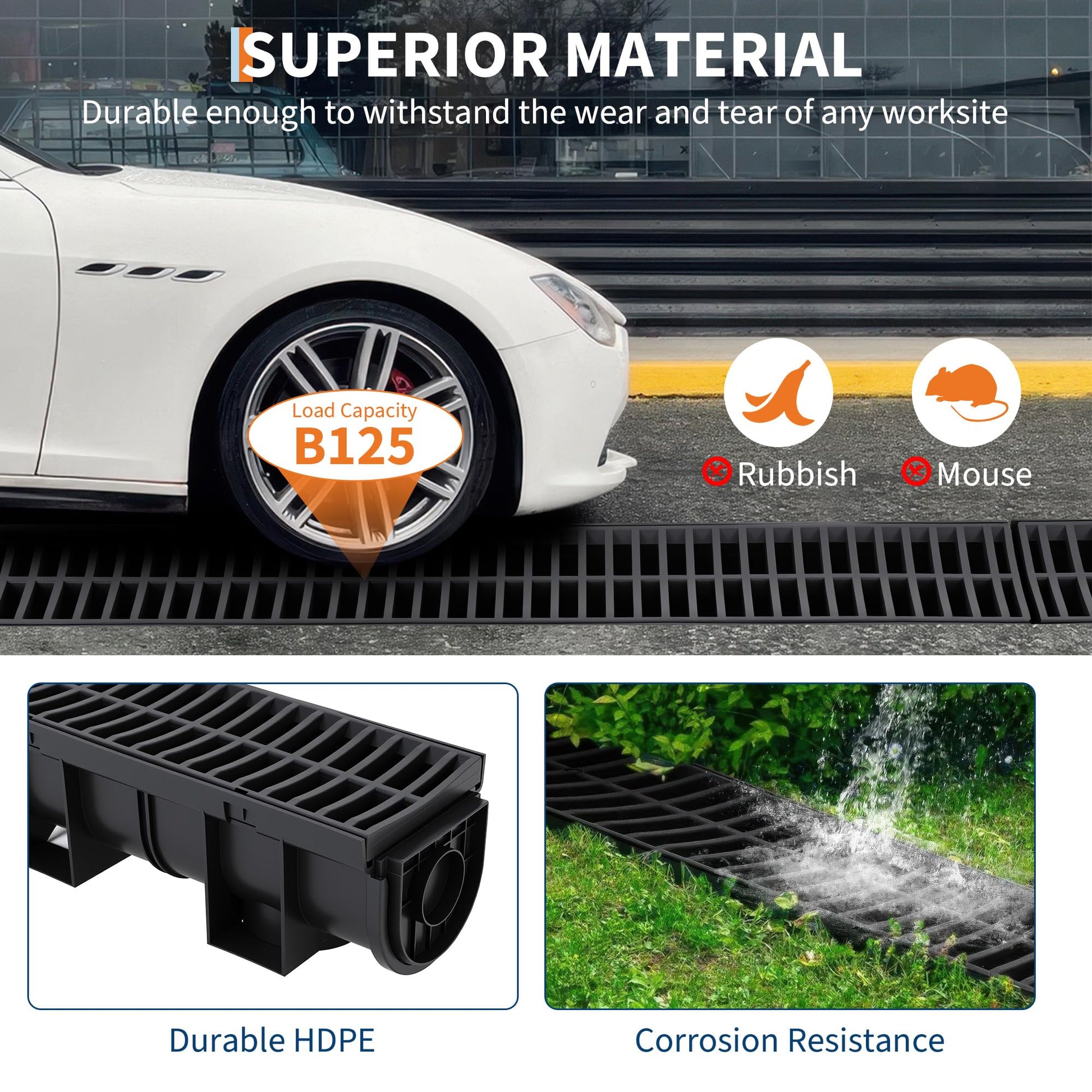 Système de caniveau Garvee en plastique PEHD, capacité de charge A125, grille en plastique, ensemble de 3 pièces pour jardin et terrasse