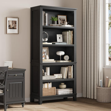 Garvee Bibliothèque farmhouse noire 180 cm, largeur 80 cm, 5 niveaux avec étagères réglables et pieds en bois, style rustique vintage pour salon, bureau et bibliothèque