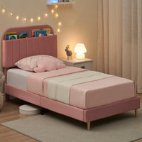 Cadre de lit double Garvee avec bibliothèque, velours, pieds robustes en acier, silencieux, rose, pour chambre d'enfant