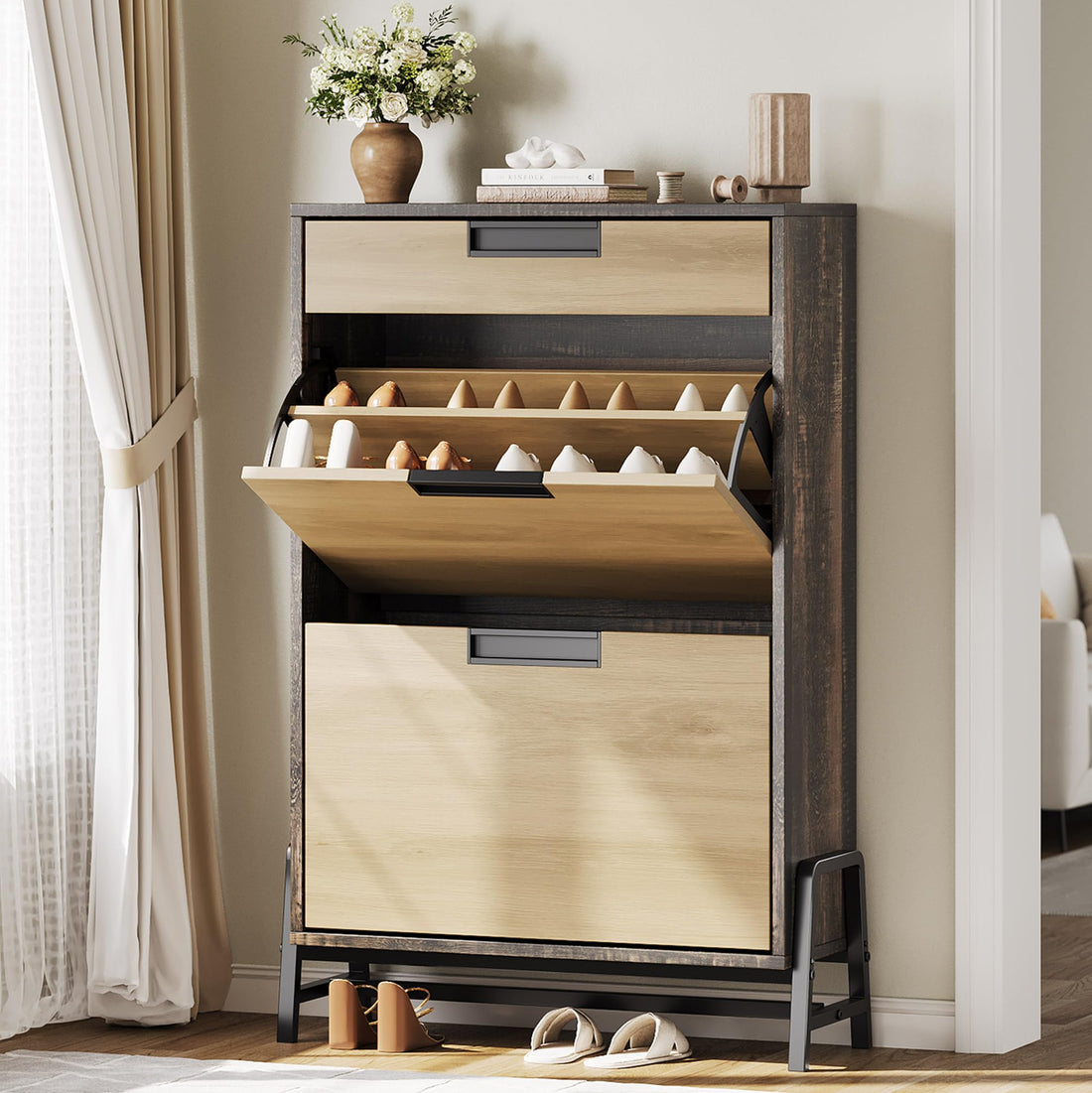 Meuble de rangement à chaussures Garvee avec 2 tiroirs pliables, 1 tiroir, en bois, pieds en métal, étroit, idéal pour l'entrée et le salon.