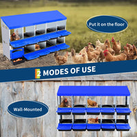 Nichoir Garvee 10 trous pour poules, 133×52×79 cm – Bleu, pour grands élevages jusqu'à 30 poules