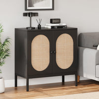 Garvee buffet en rotin tressé à la main, avec portes et étagères, en MDF noir, pour le salon et la salle à manger, 80 × 40 × 83 cm, noir
