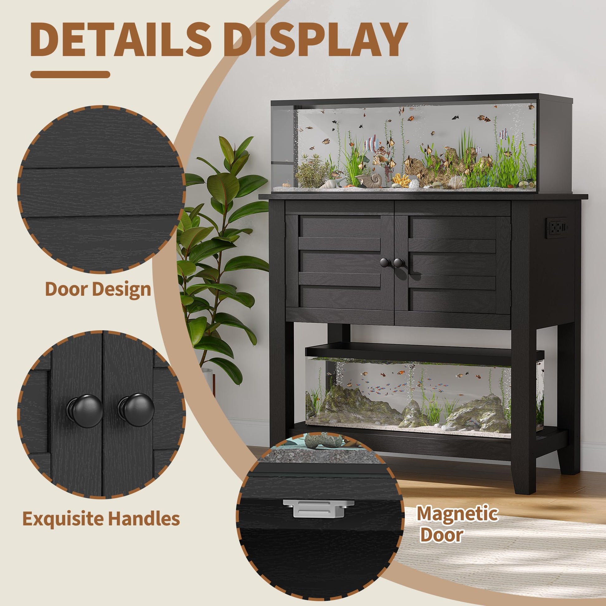 Meuble pour aquarium Garvee 20-29 gallons avec station de charge, portes magnétiques, pour salon, 80 x 40 x 78 cm, bois