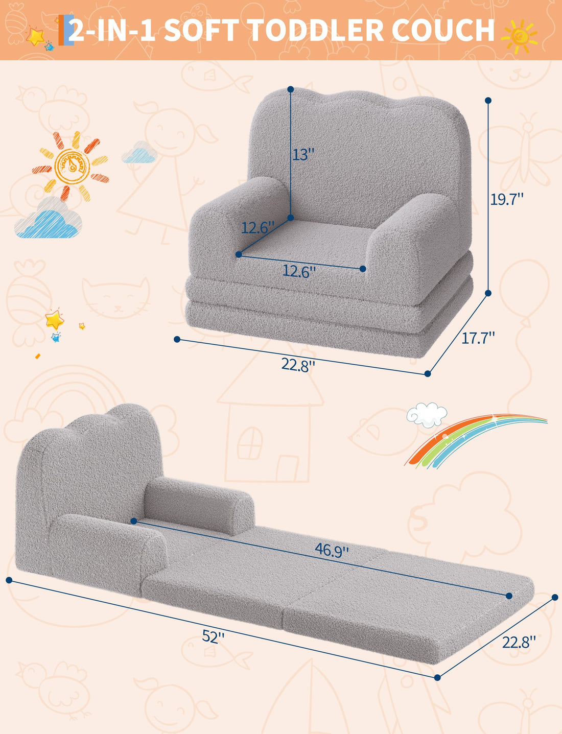 Garvee Canapé enfant 2 en 1 en tissu polaire gris effet peluche, pliable et polyvalent, idéal pour la salle de jeux et la chambre d'enfant