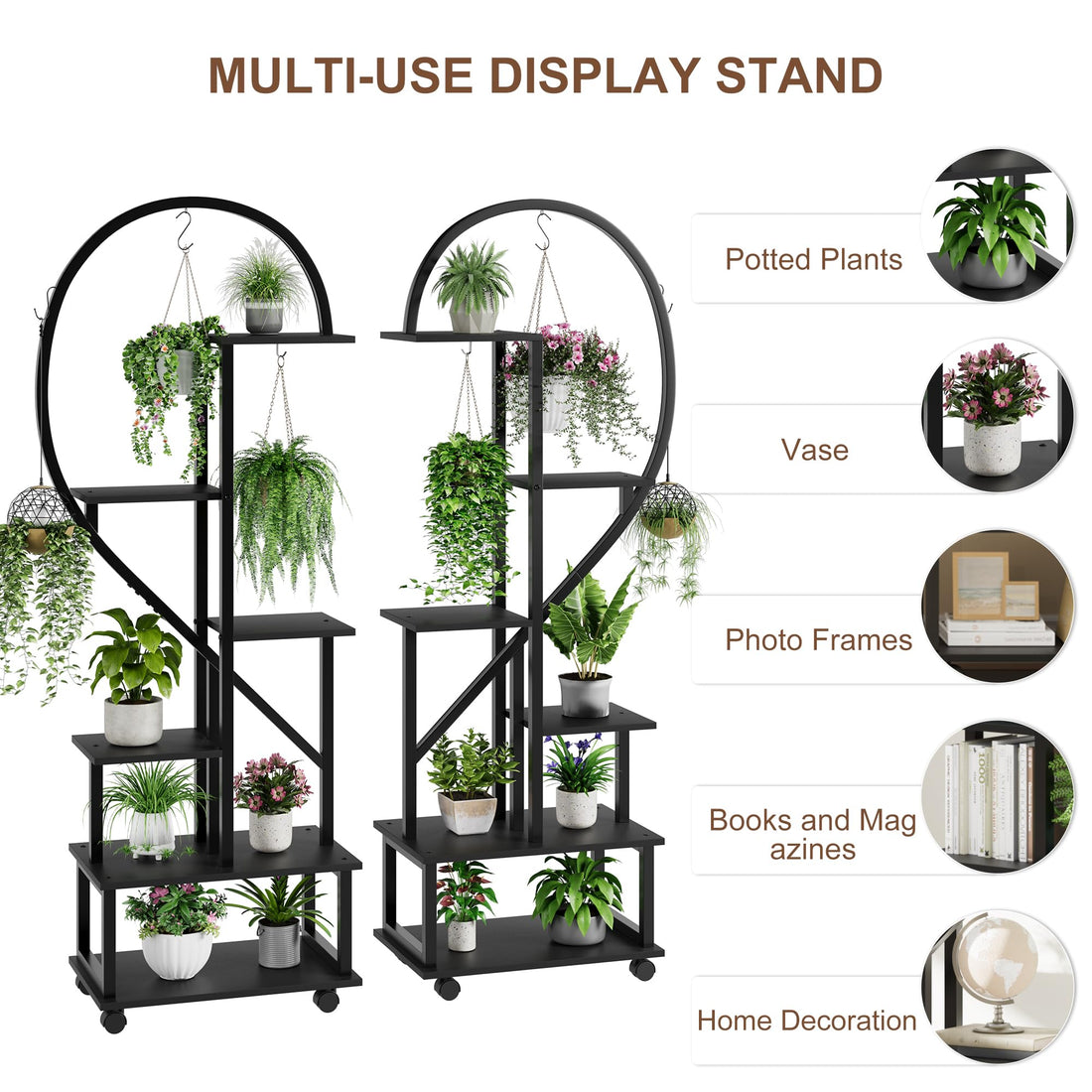 Garvee Ensemble de 2 supports à plantes, métal et bois, support à fleurs en forme de demi-cœur pour l'intérieur et l'extérieur, jardin, balcon, terrasse, noir