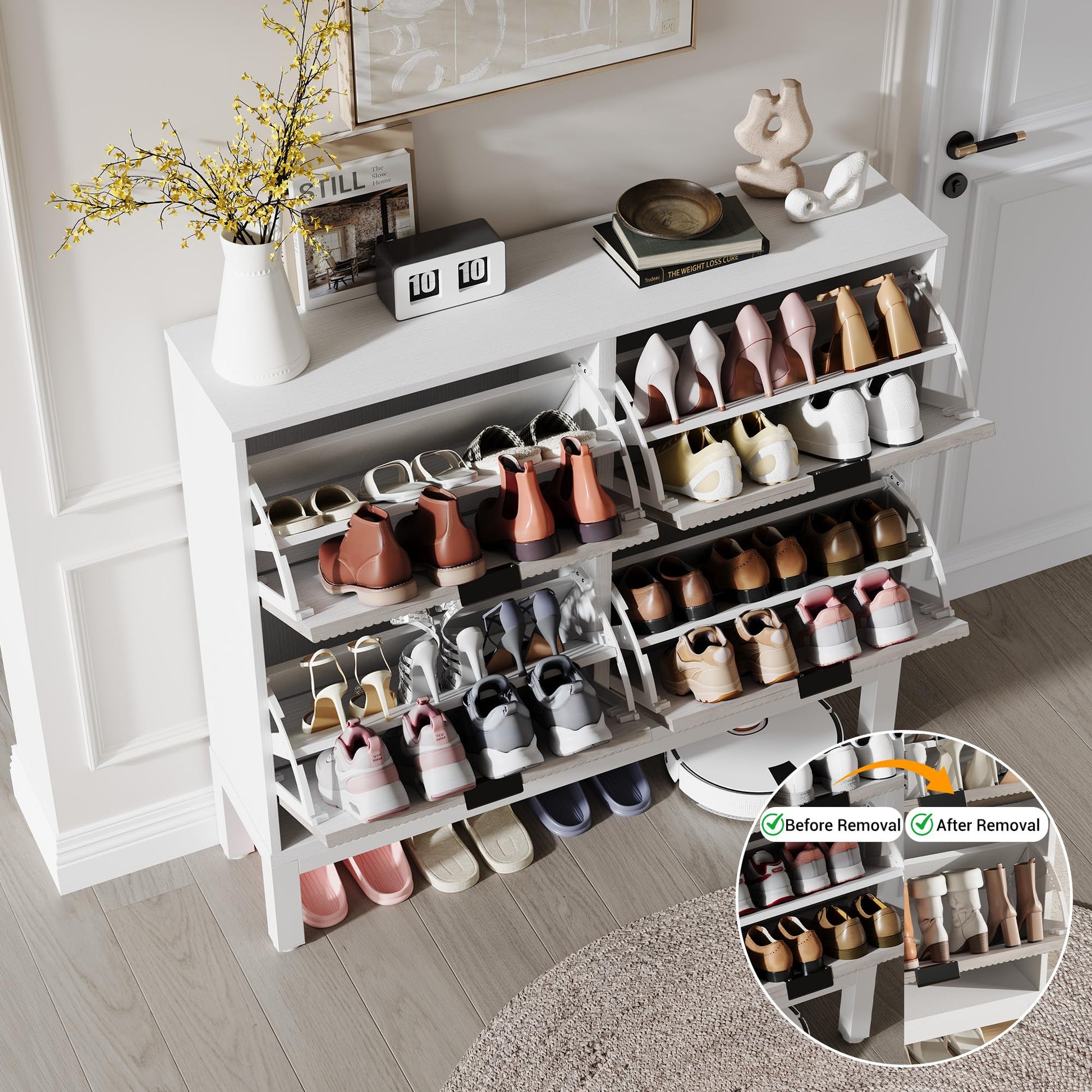 Meuble à chaussures cannelé Garvee avec 4 tiroirs abattants, pieds en métal, style campagne moderne, en bois, étroit, idéal pour un couloir ou une entrée, blanc